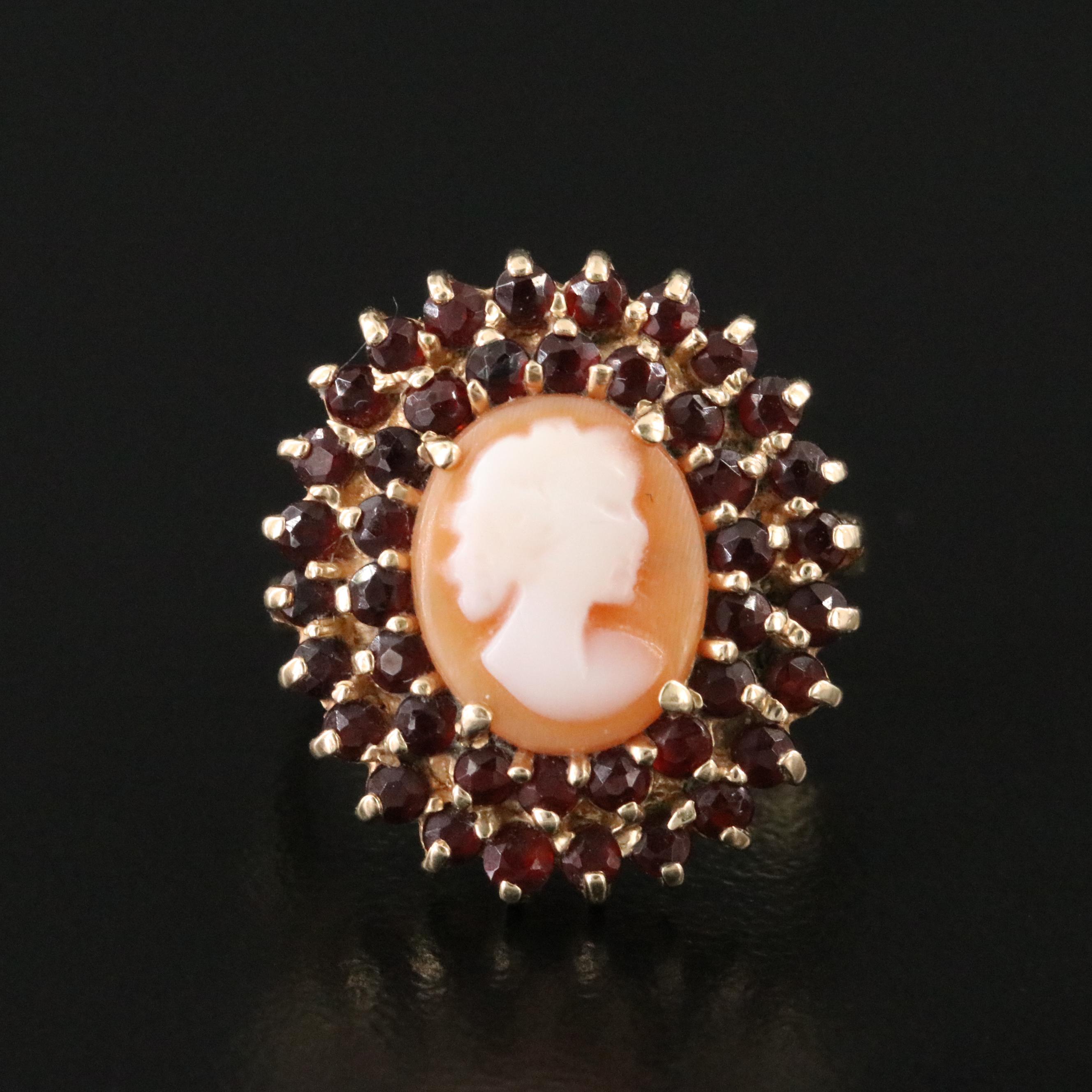 14K Shell and Garnet Cameo Ring