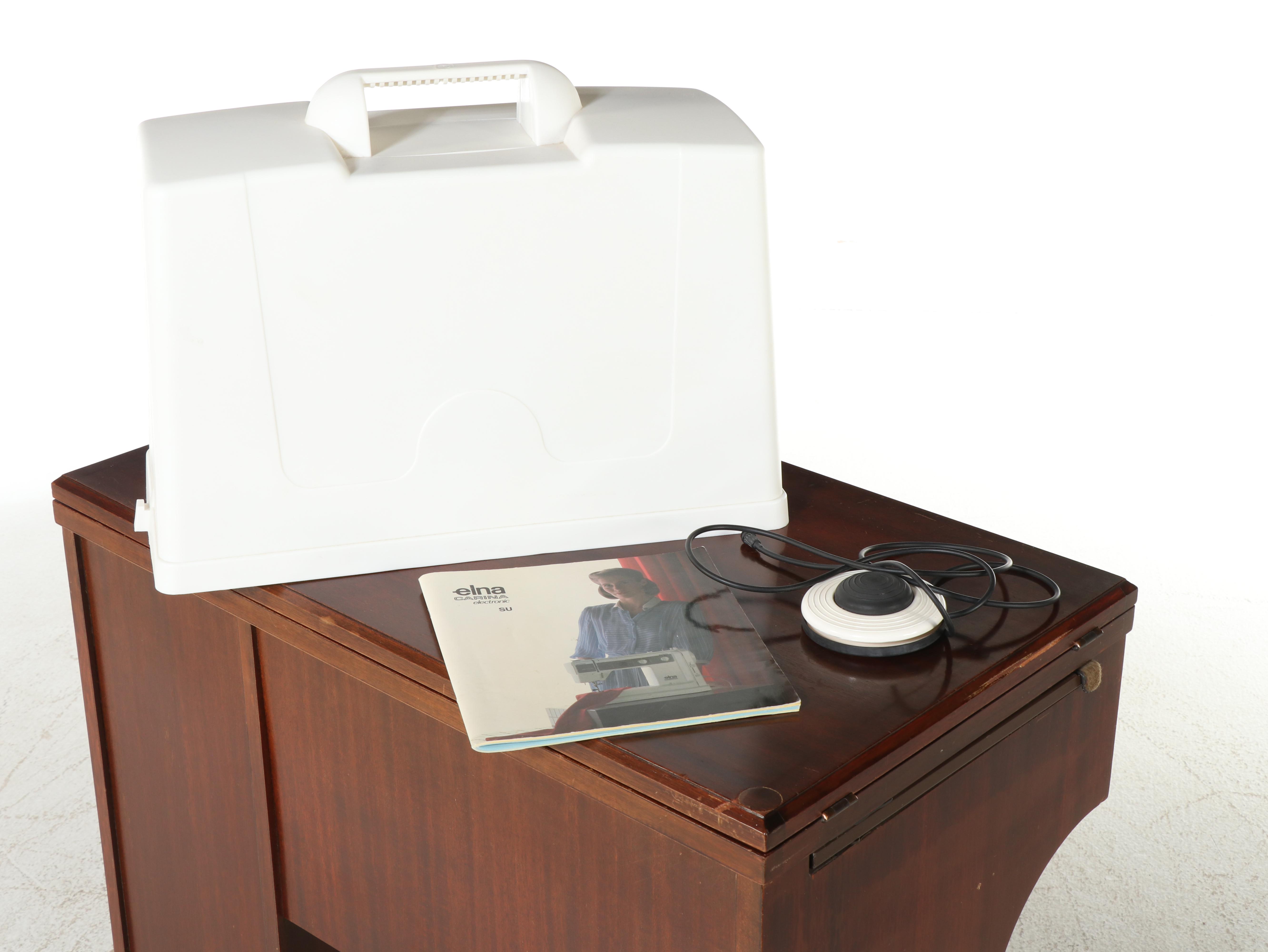 Elna Carina Sewing Machine in Mahogany Cabinet, Mid to Late 20th Century