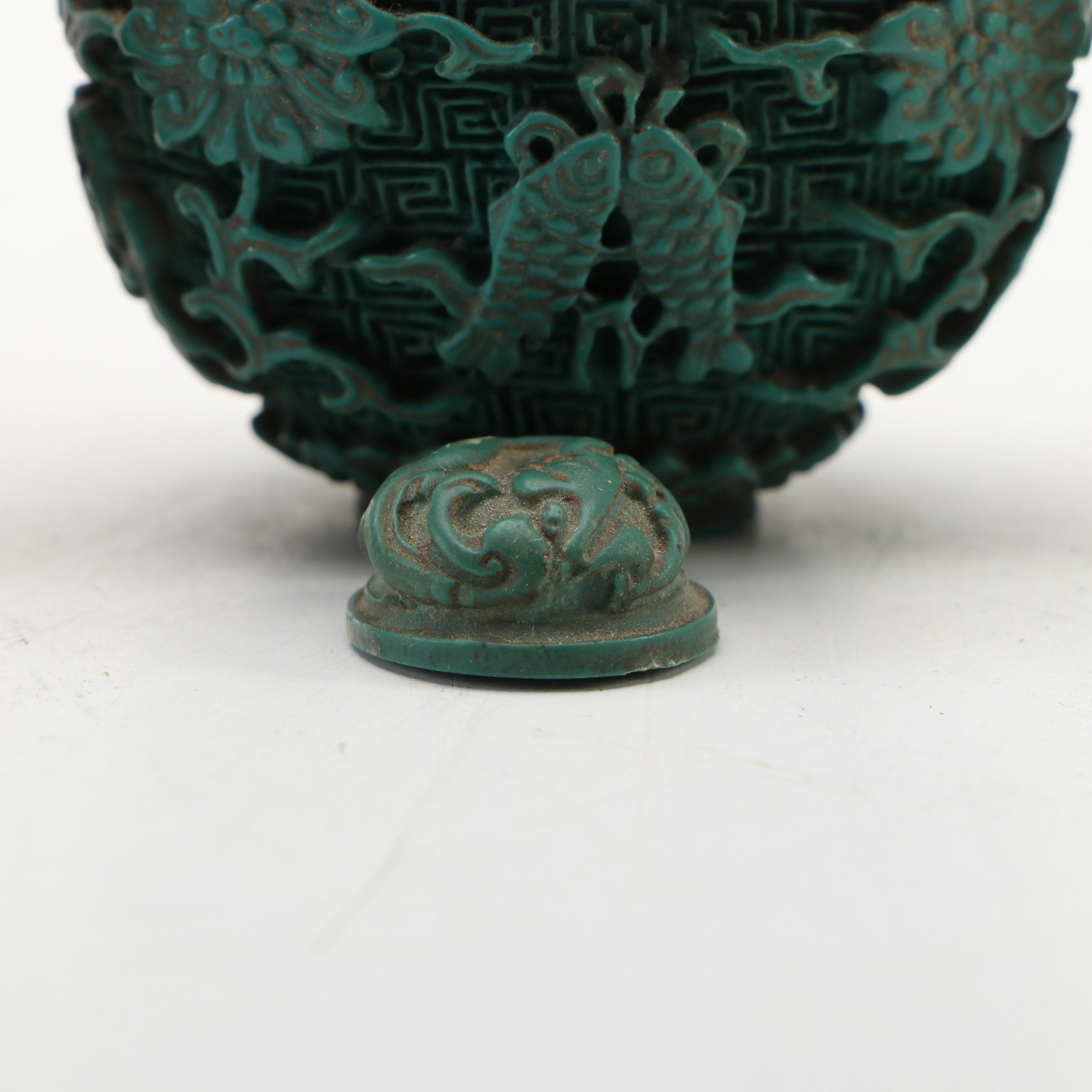 Chinese Reverse Painted Glass and Faux Cinnabar Style Carved Resin Snuff Bottles