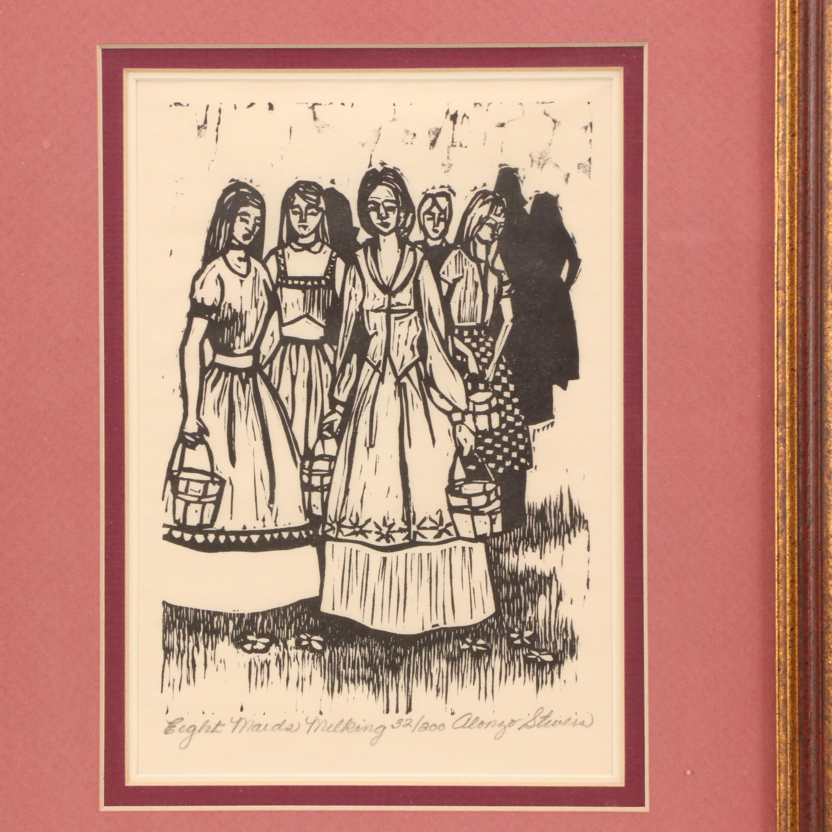 Alonzo Stevens Woodcuts "Nine Ladies Dancing" and "Eight Maids Milking"