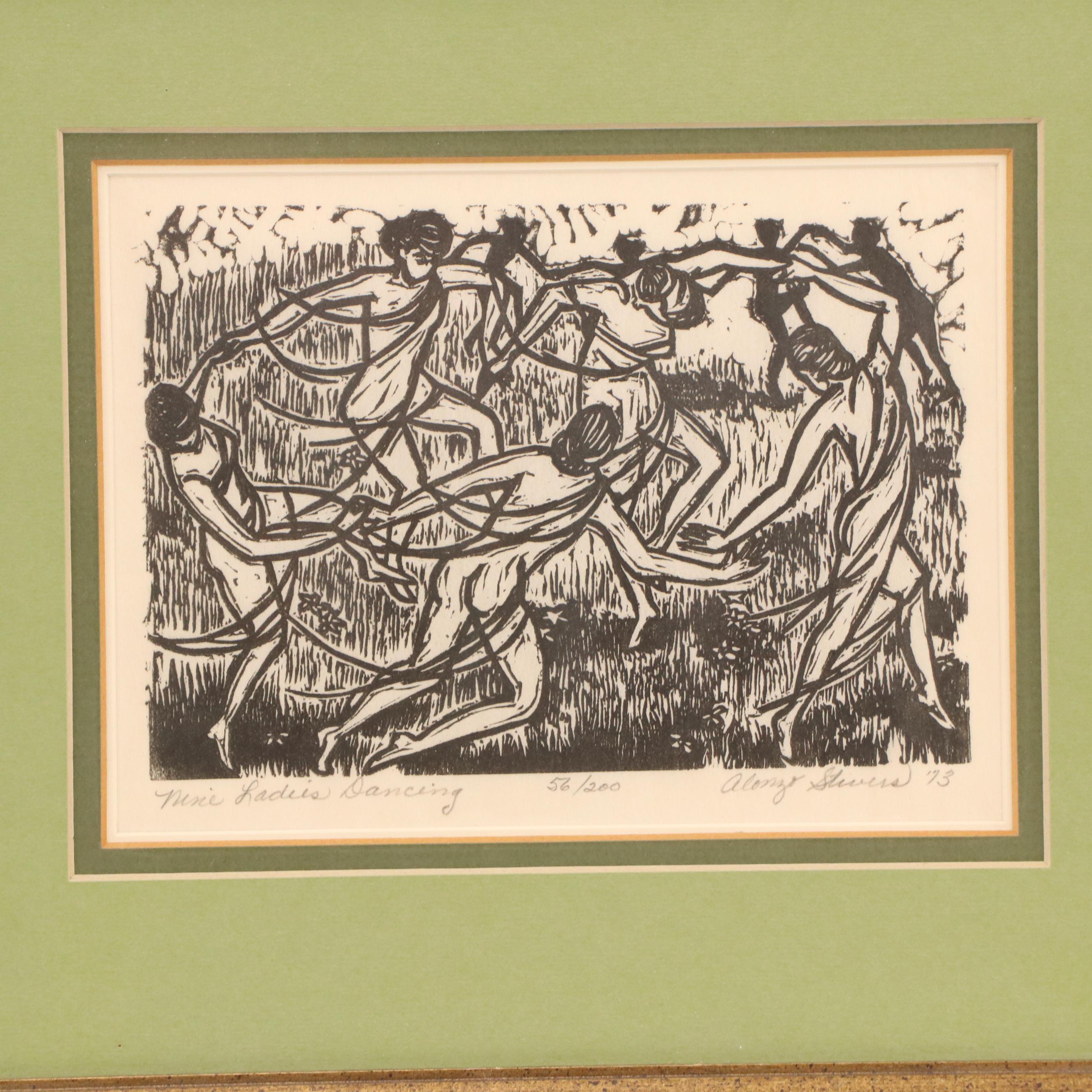 Alonzo Stevens Woodcuts "Nine Ladies Dancing" and "Eight Maids Milking"
