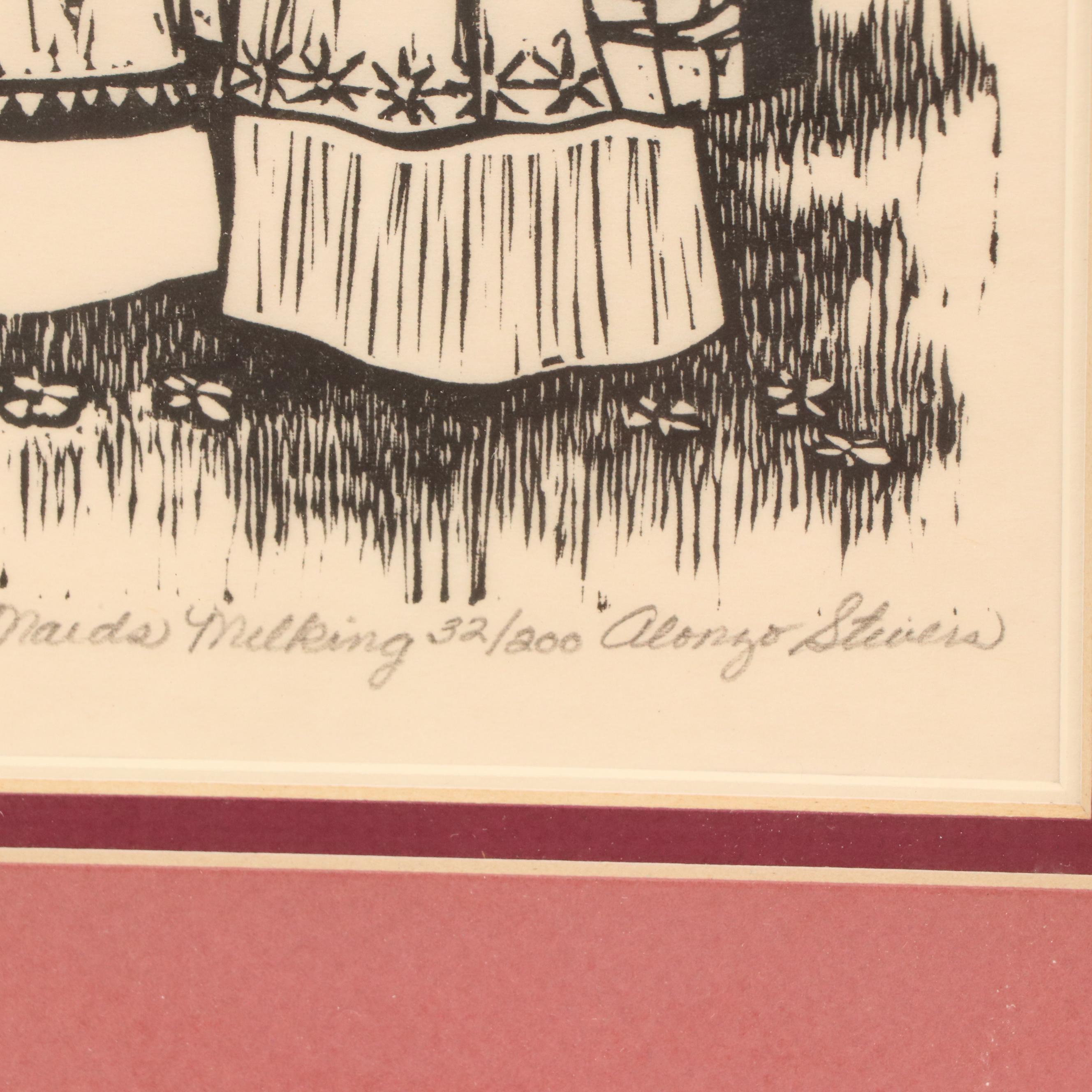 Alonzo Stevens Woodcuts "Nine Ladies Dancing" and "Eight Maids Milking"