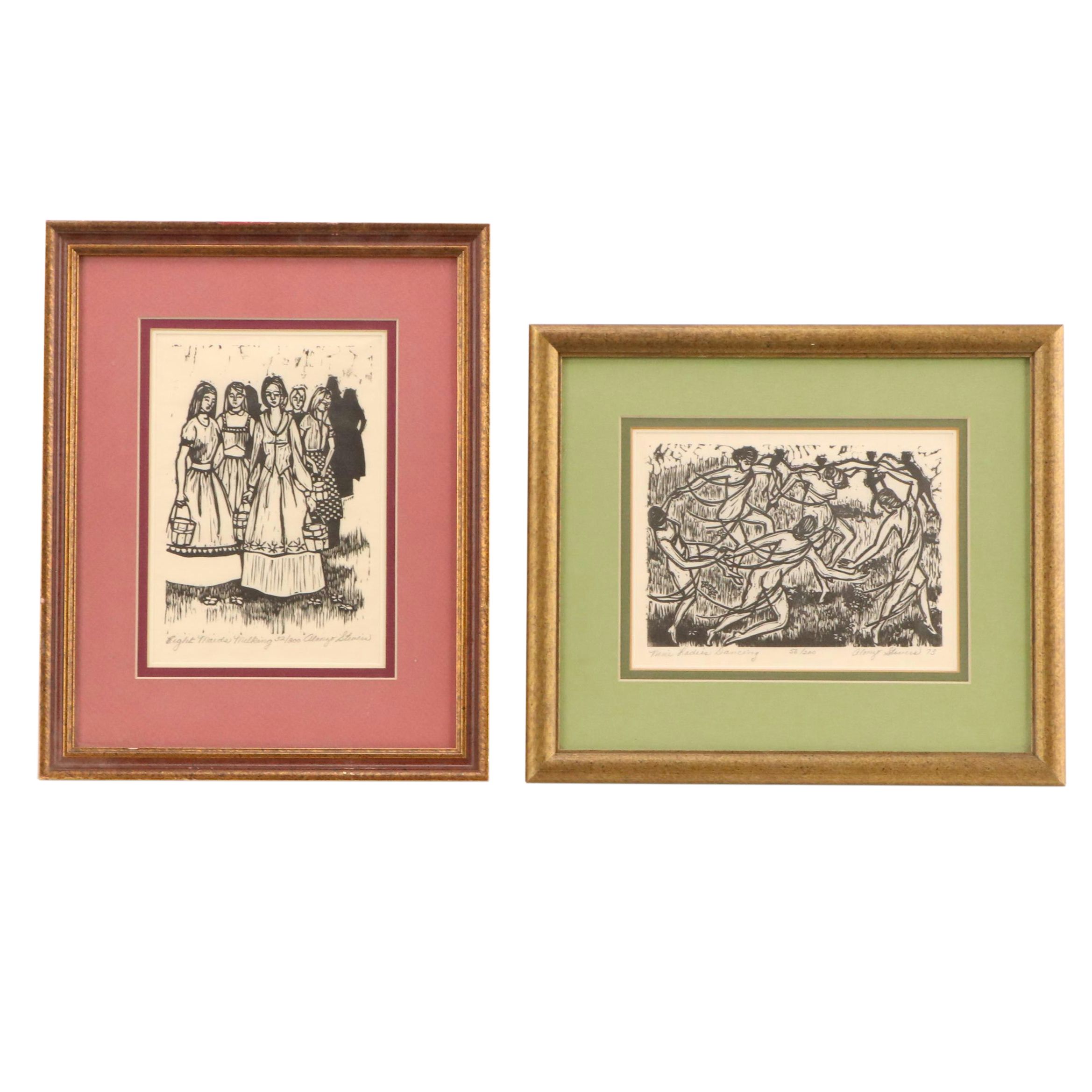 Alonzo Stevens Woodcuts "Nine Ladies Dancing" and "Eight Maids Milking"