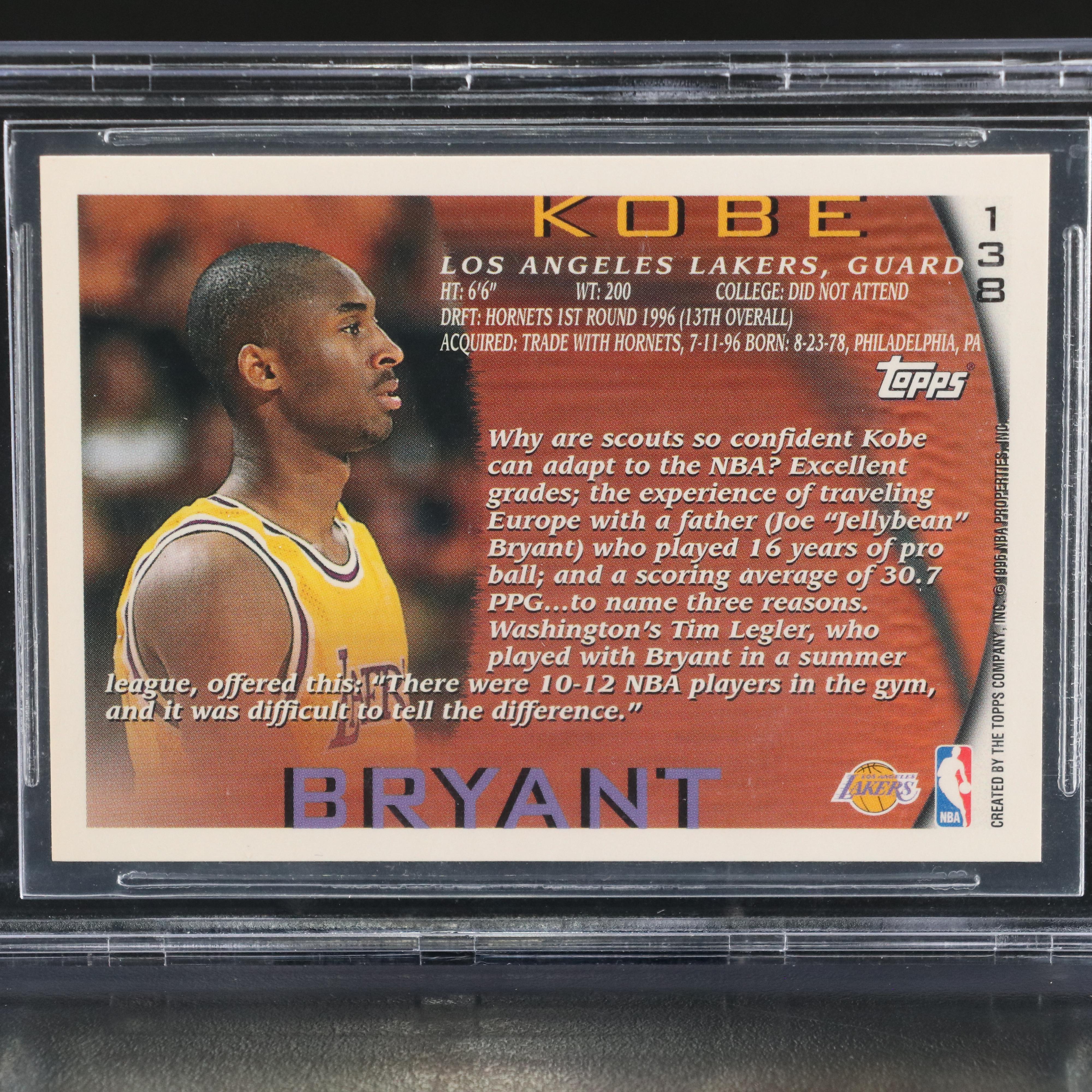 1996-97 Topps Kobe Bryant Los Angeles Lakers Rookie Card Graded BGS 9.5