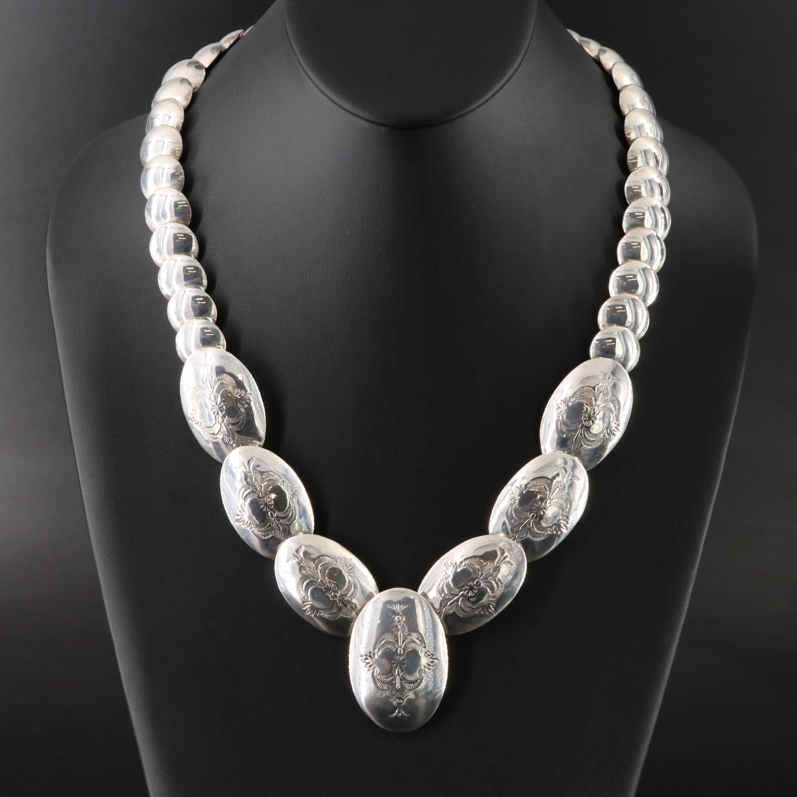 Southwestern Double Sided Sterling Silver Pillow Bead Necklace