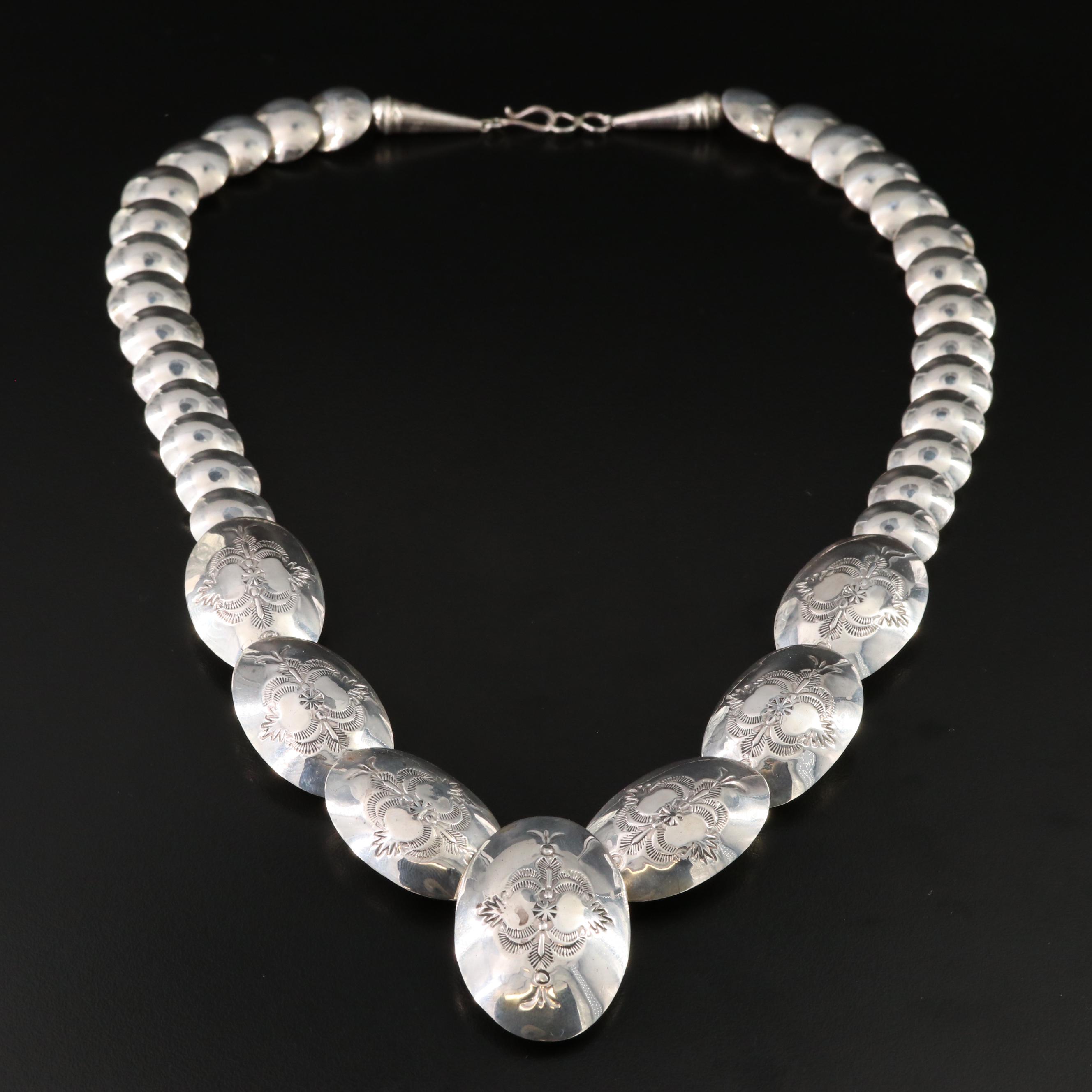 Southwestern Double Sided Sterling Silver Pillow Bead Necklace