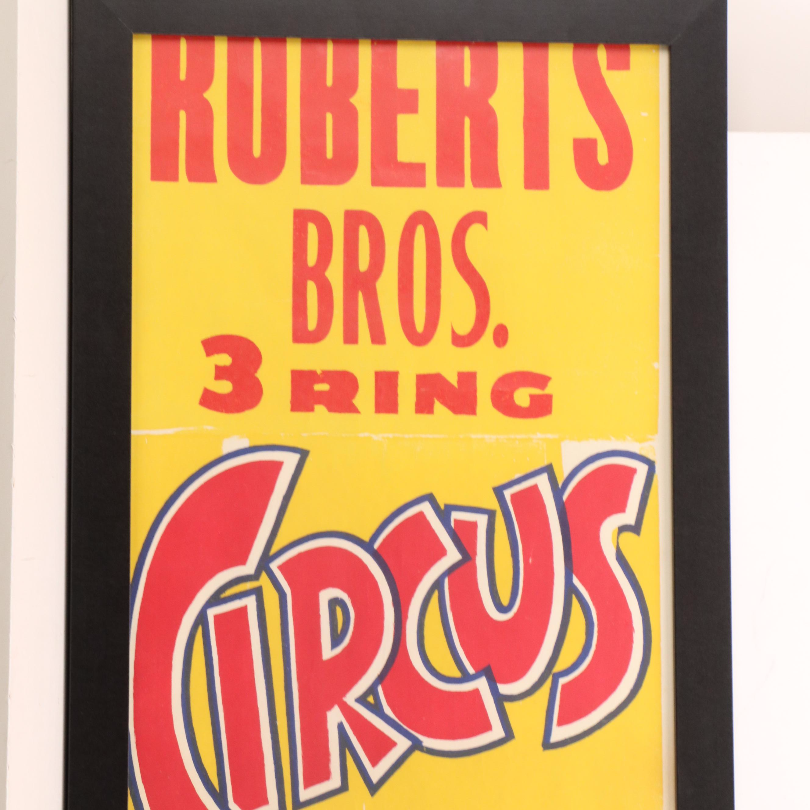 Roberts Bros. 3 Ring Circus Block-Printed Poster, Mid-20th Century