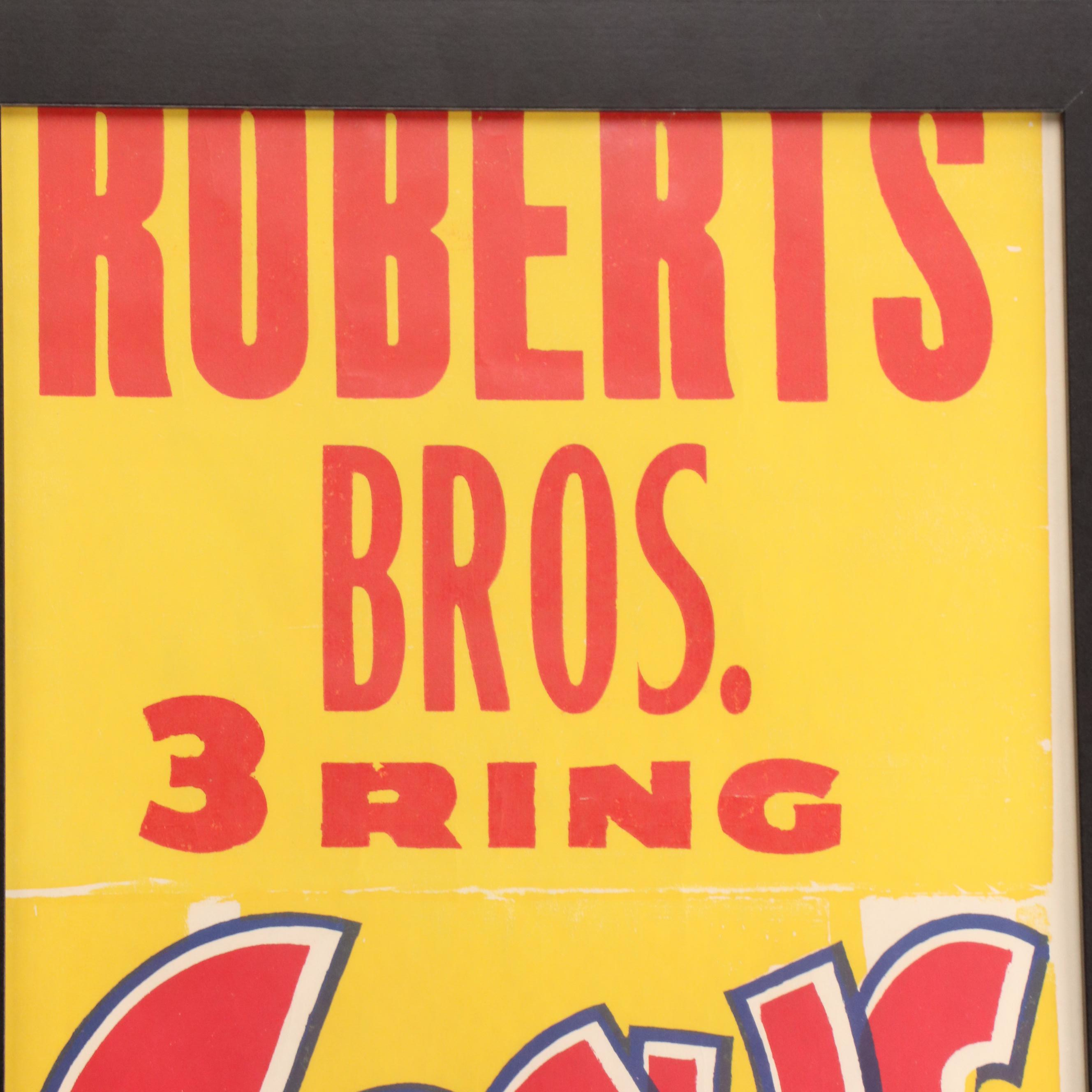 Roberts Bros. 3 Ring Circus Block-Printed Poster, Mid-20th Century