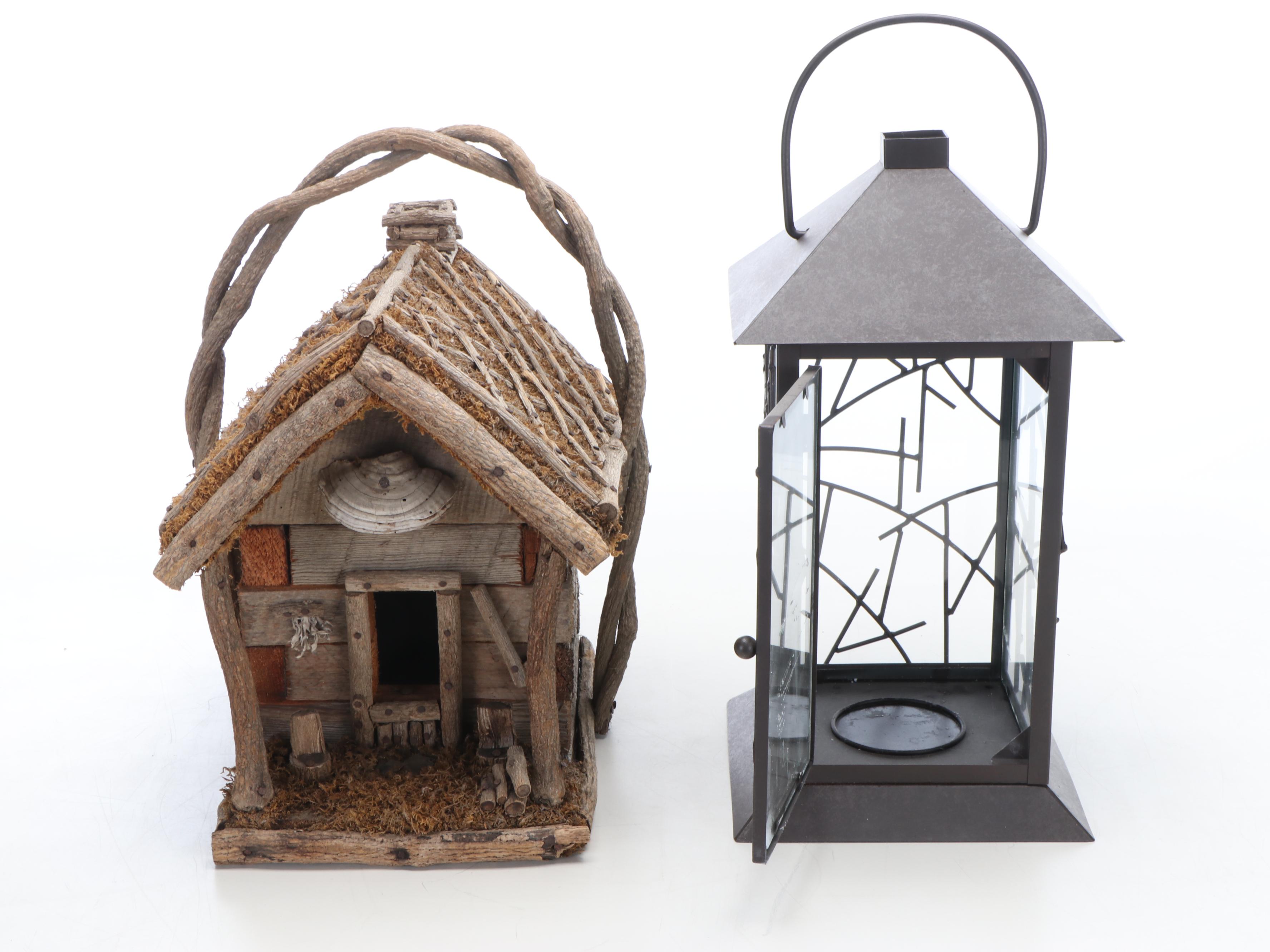 Handmade Wood Birdhouse with Branch Motif Metal Candle Holder and More