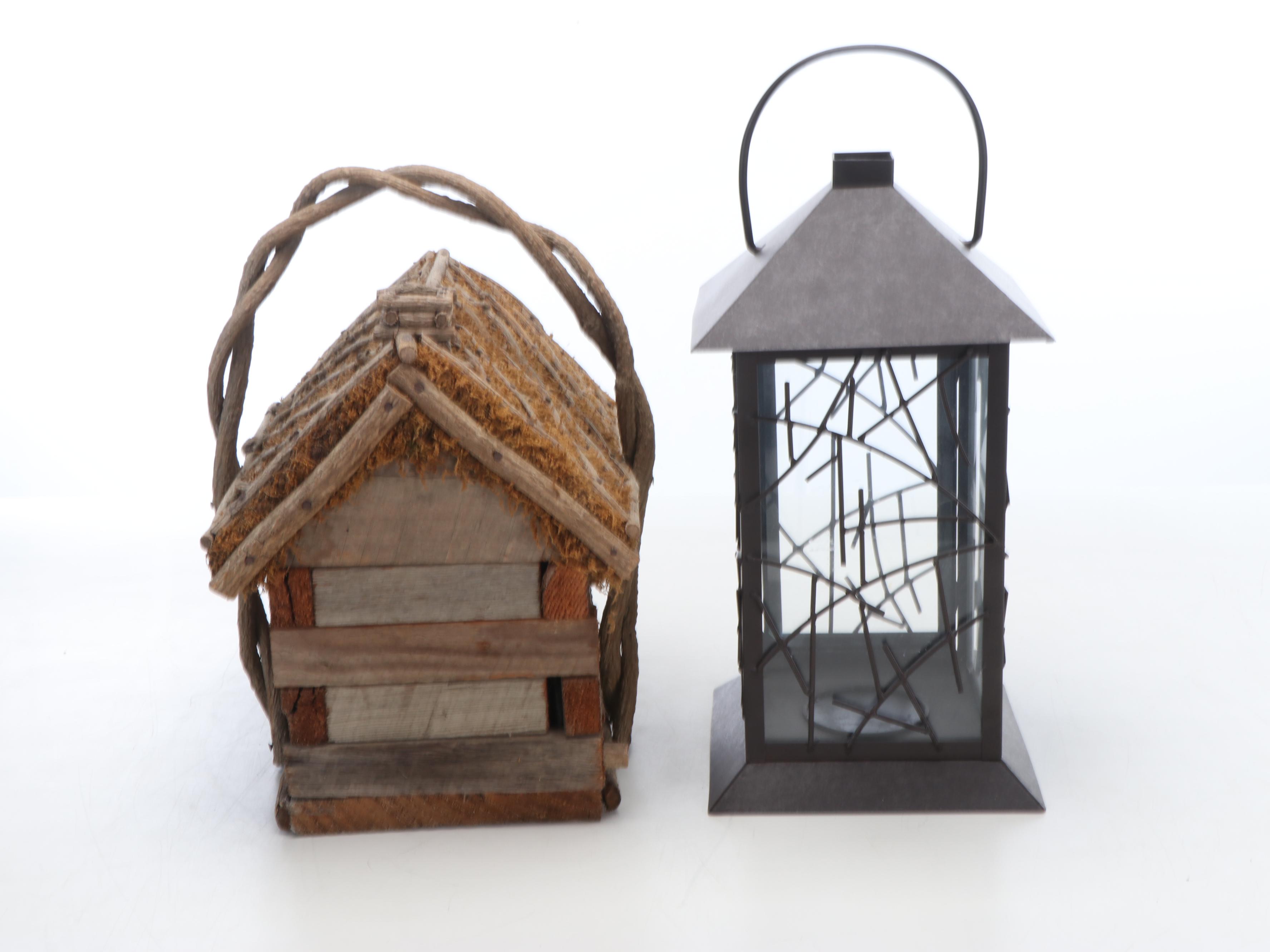 Handmade Wood Birdhouse with Branch Motif Metal Candle Holder and More