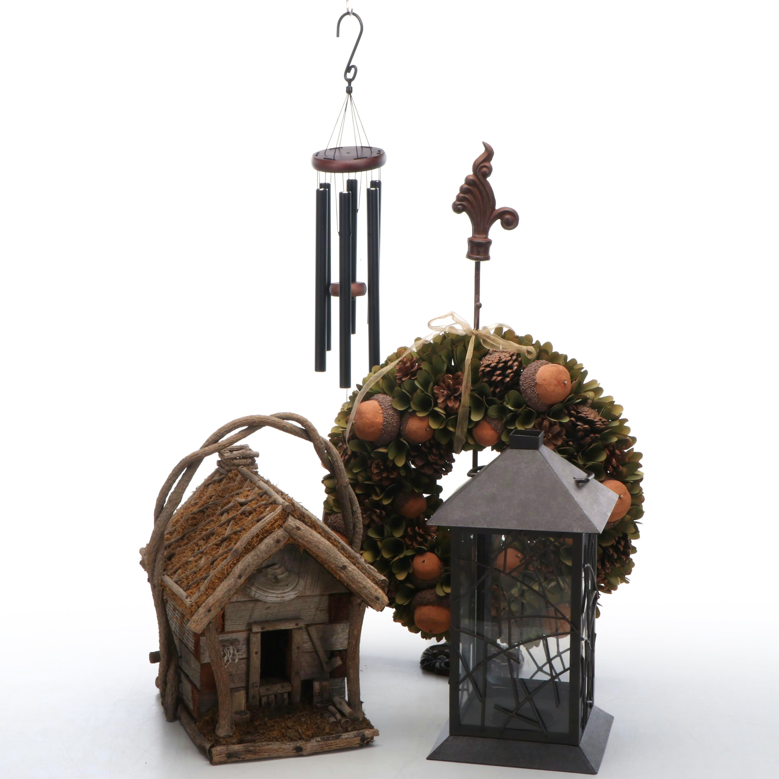 Handmade Wood Birdhouse with Branch Motif Metal Candle Holder and More