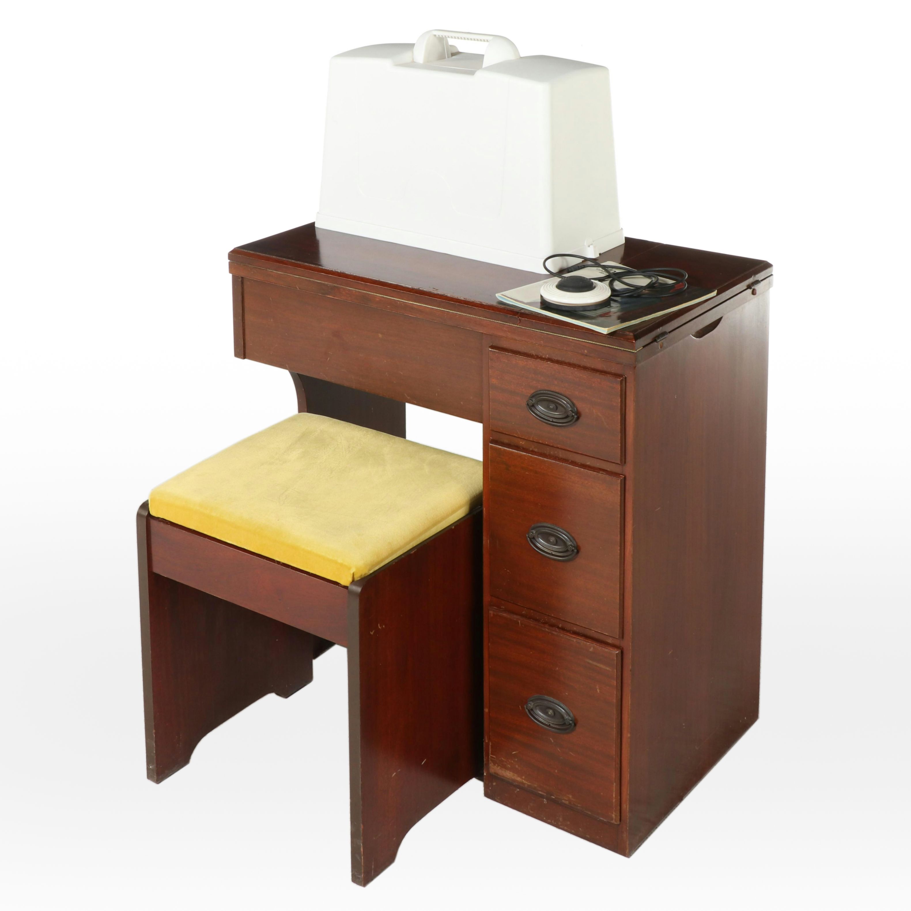 Elna Carina Sewing Machine in Mahogany Cabinet, Mid to Late 20th Century