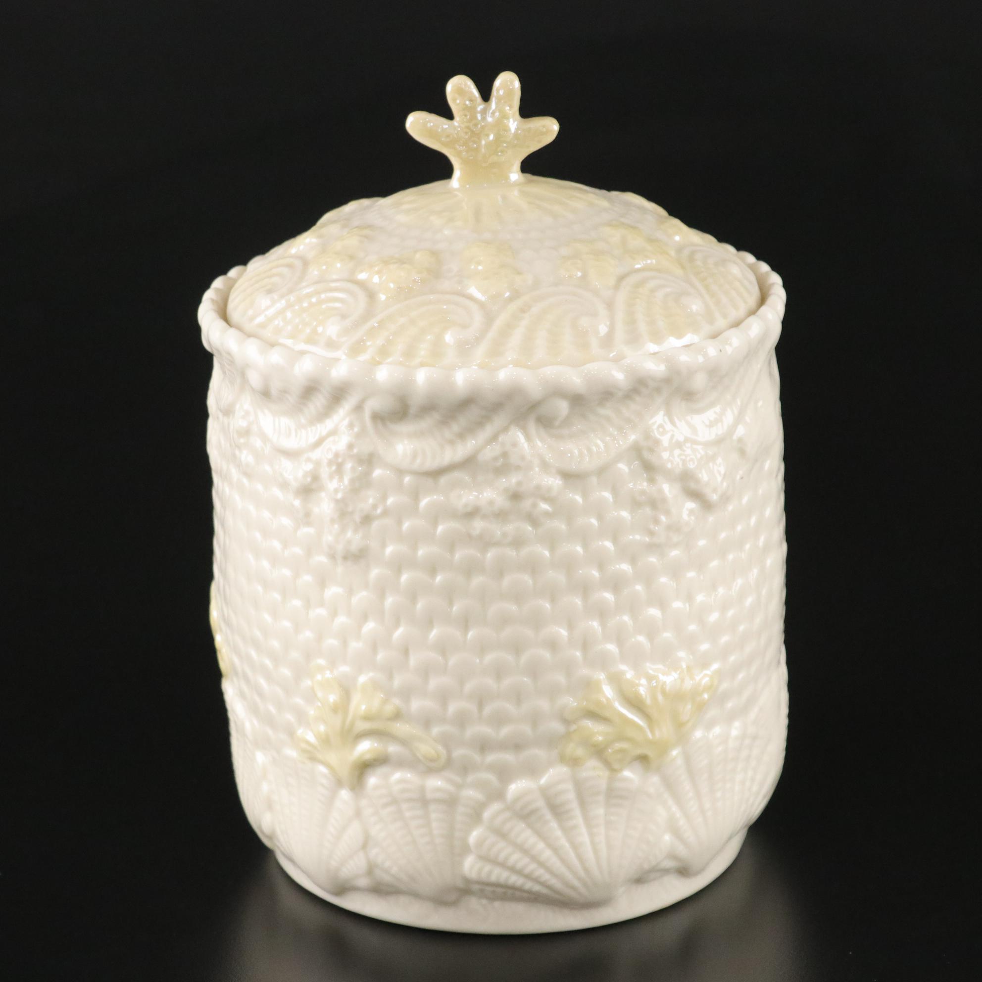 Belleek Porcelain "New Shell Yellow" Biscuit Barrel with Lid, circa 1965-1980