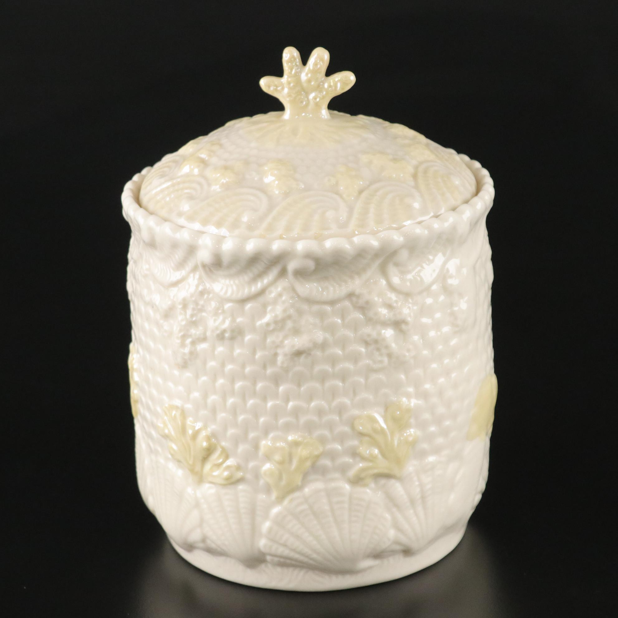 Belleek Porcelain "New Shell Yellow" Biscuit Barrel with Lid, circa 1965-1980