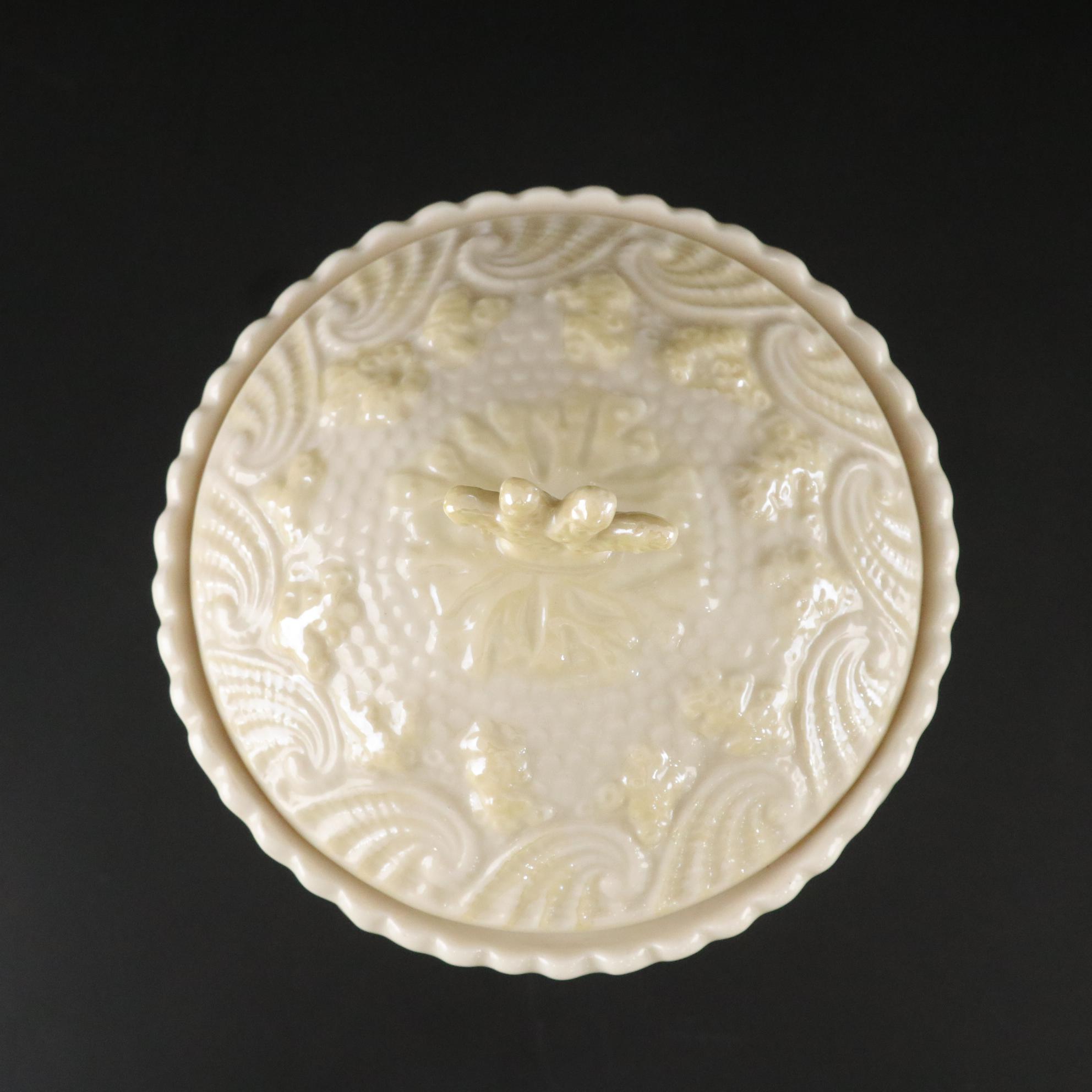 Belleek Porcelain "New Shell Yellow" Biscuit Barrel with Lid, circa 1965-1980