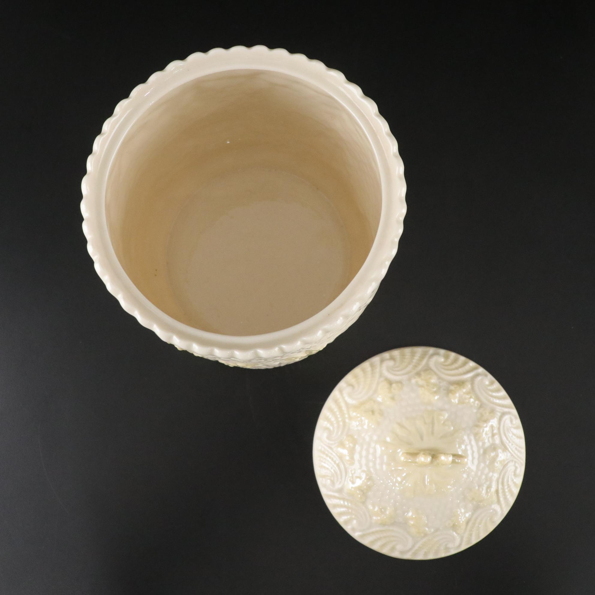 Belleek Porcelain "New Shell Yellow" Biscuit Barrel with Lid, circa 1965-1980