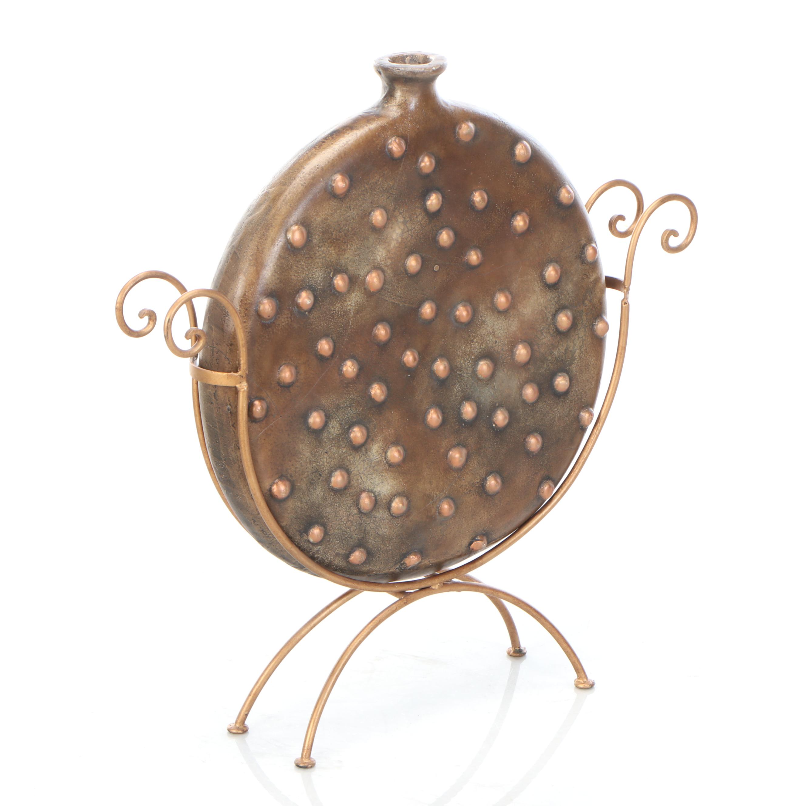 Copper Finished Metal Pillar with Decorative Vases