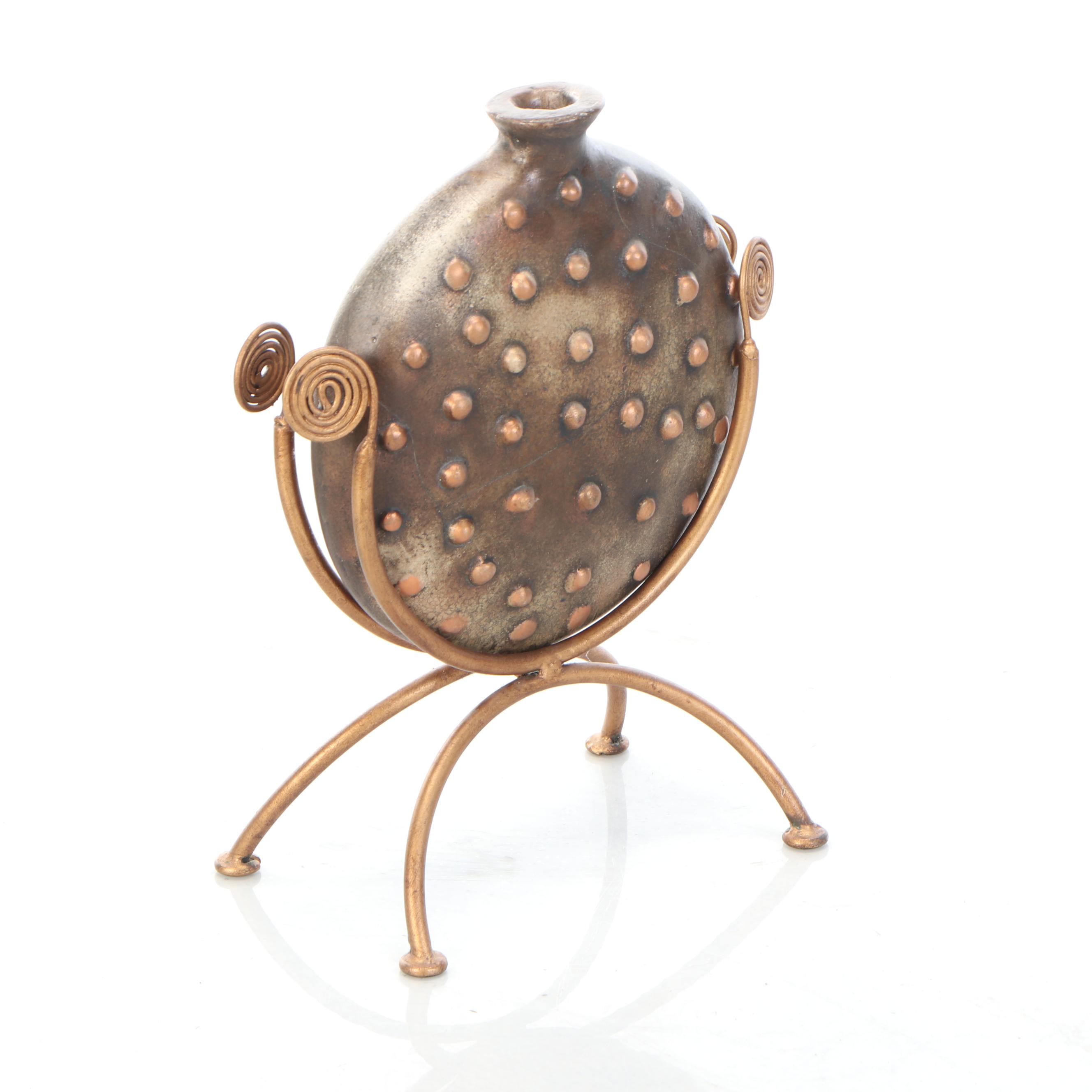 Copper Finished Metal Pillar with Decorative Vases