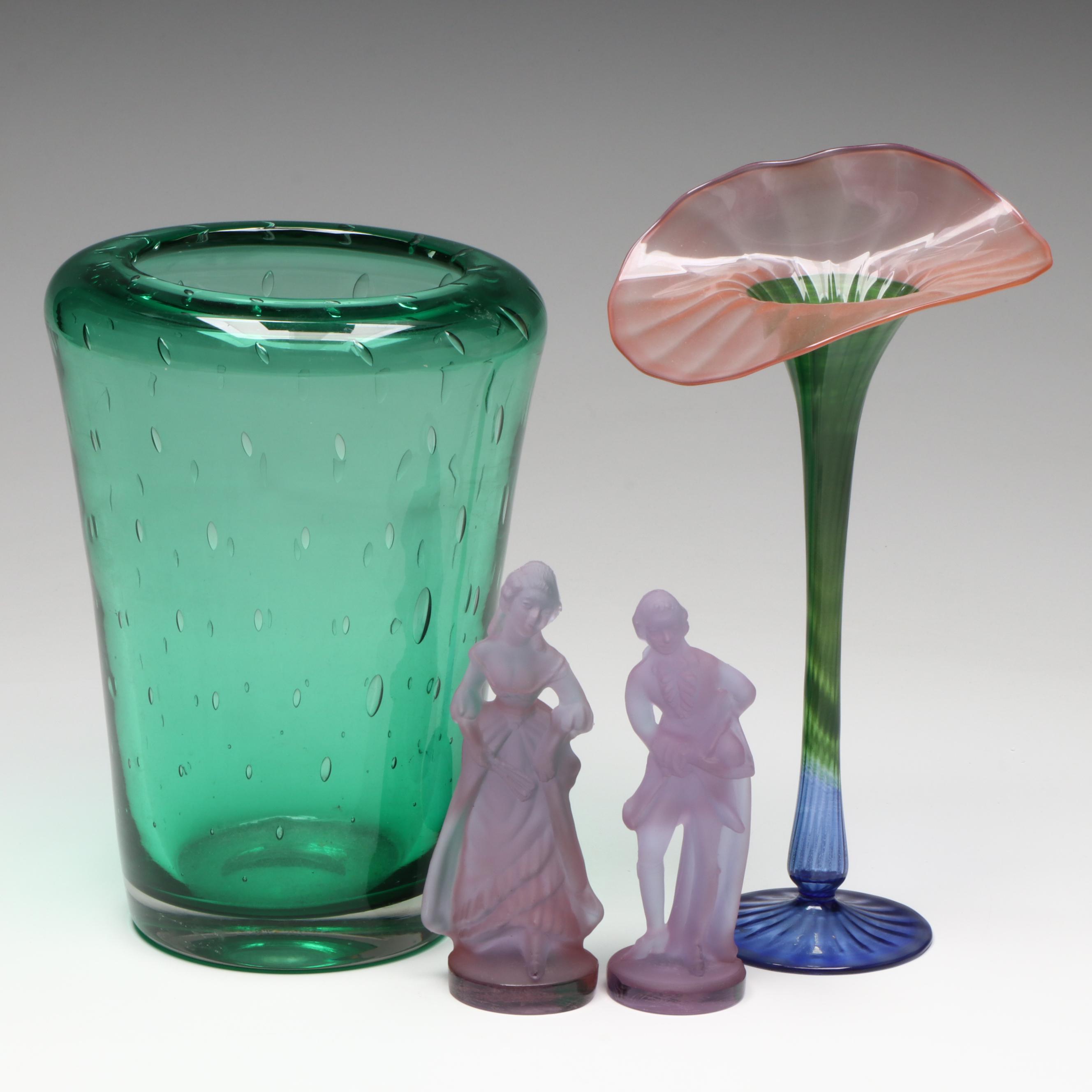 Carl Erickson Controlled Bubble Green Glass Vase with Studio Art Vase and Couple
