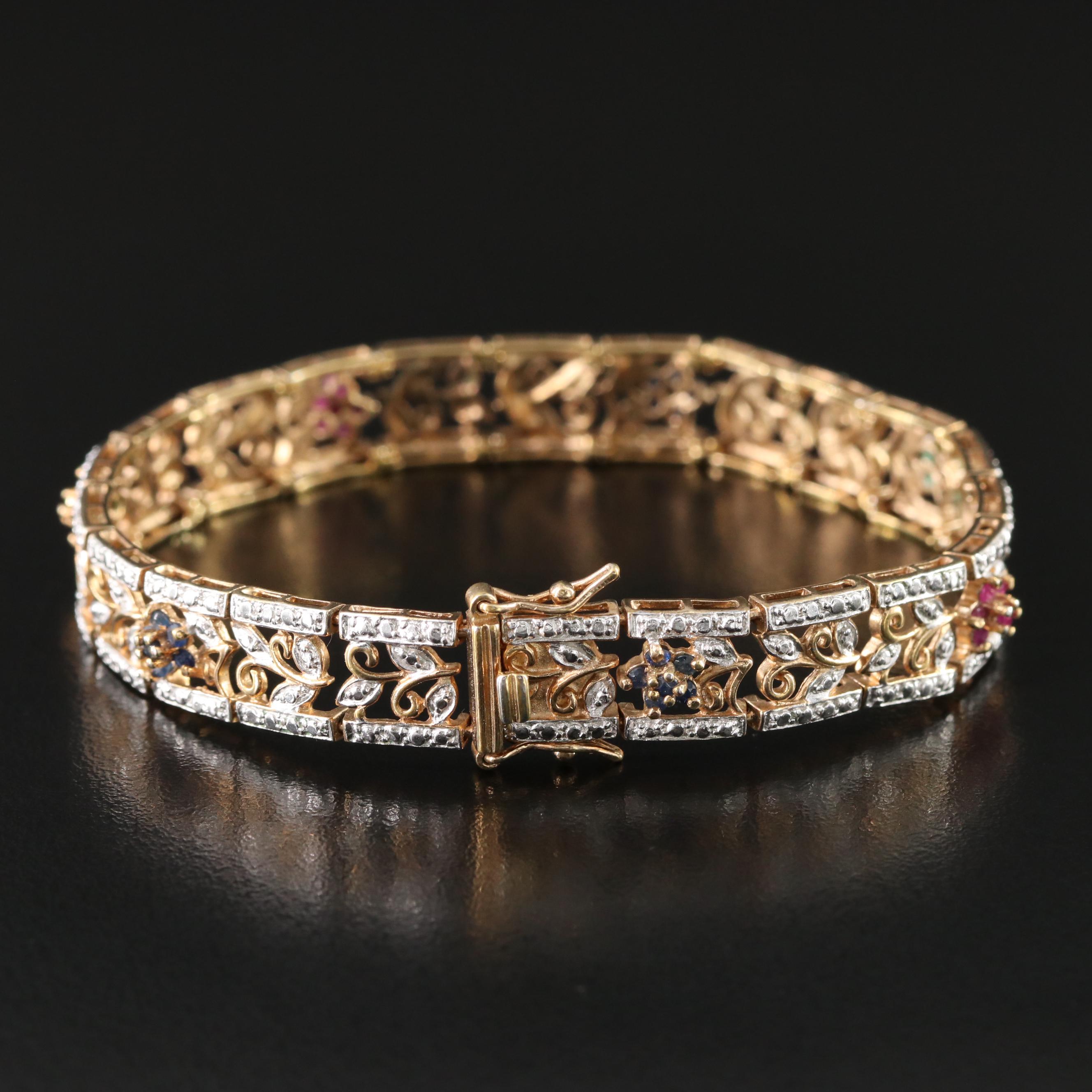 Sterling Ruby, Emerald and Sapphire Link Bracelet