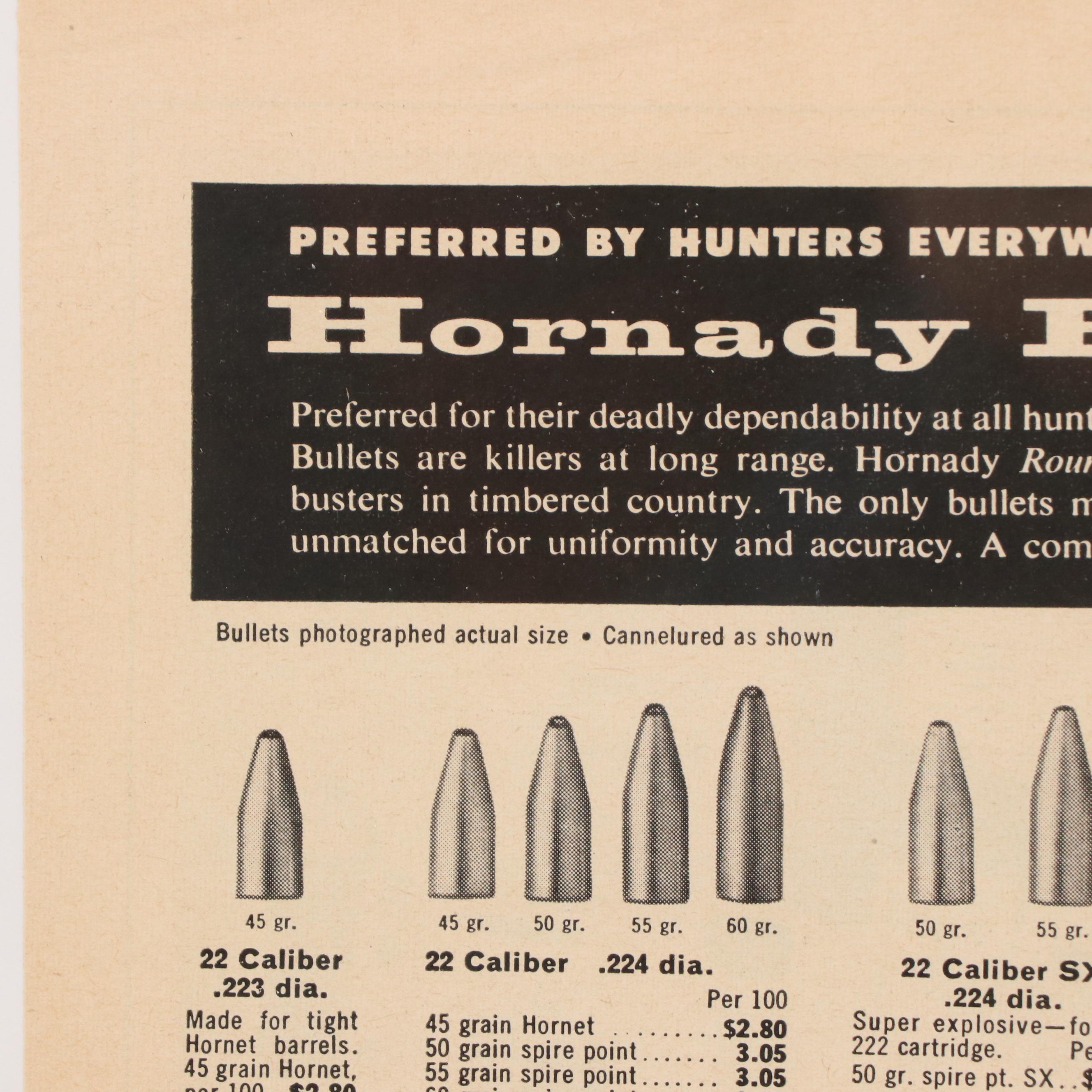 Hornady Bullets Letterpress Halftone Advertisement, Circa 1959