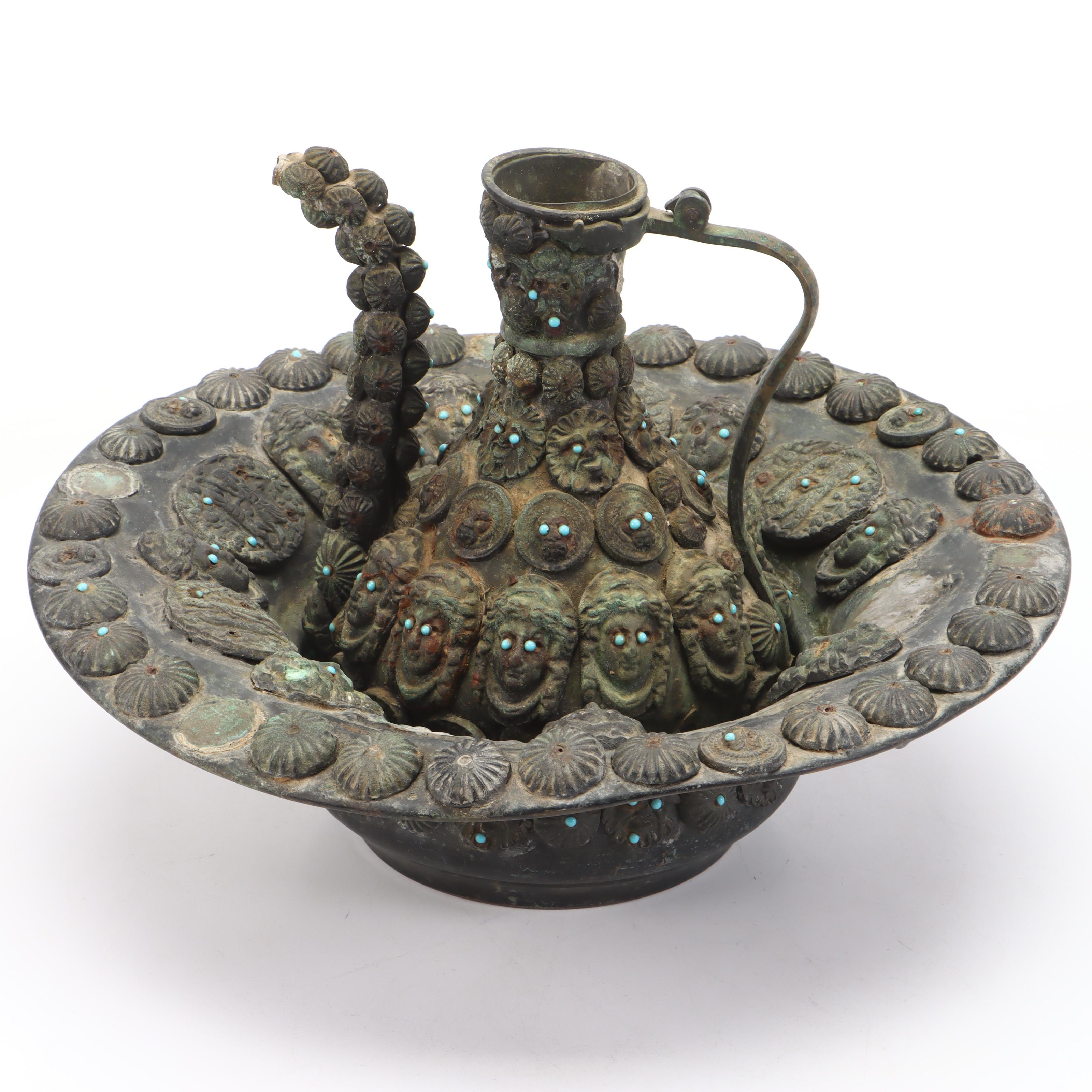 Indo-Persian Verdigris Copper Pitcher & Basin, Applied Portraits & Medallions