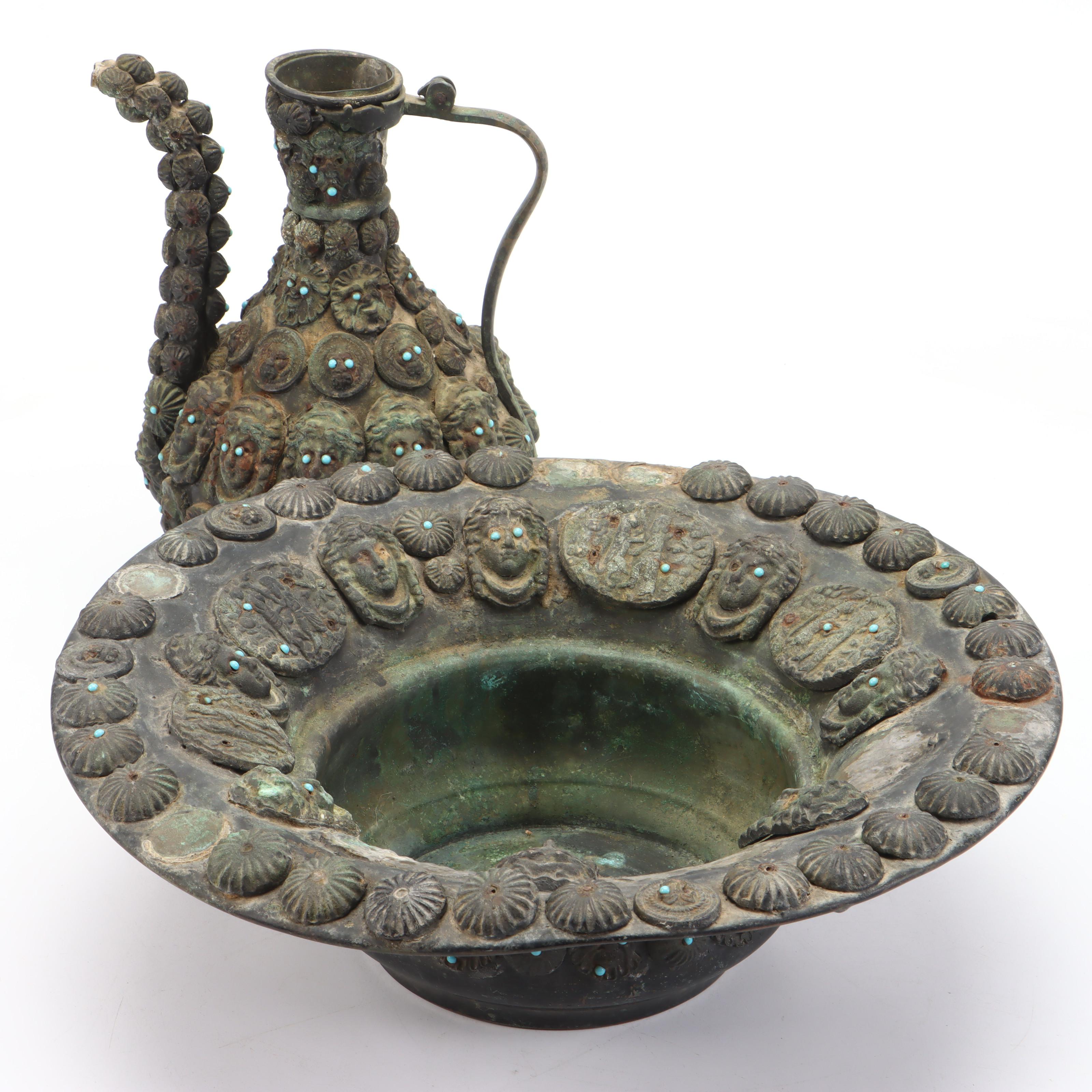 Indo-Persian Verdigris Copper Pitcher & Basin, Applied Portraits & Medallions