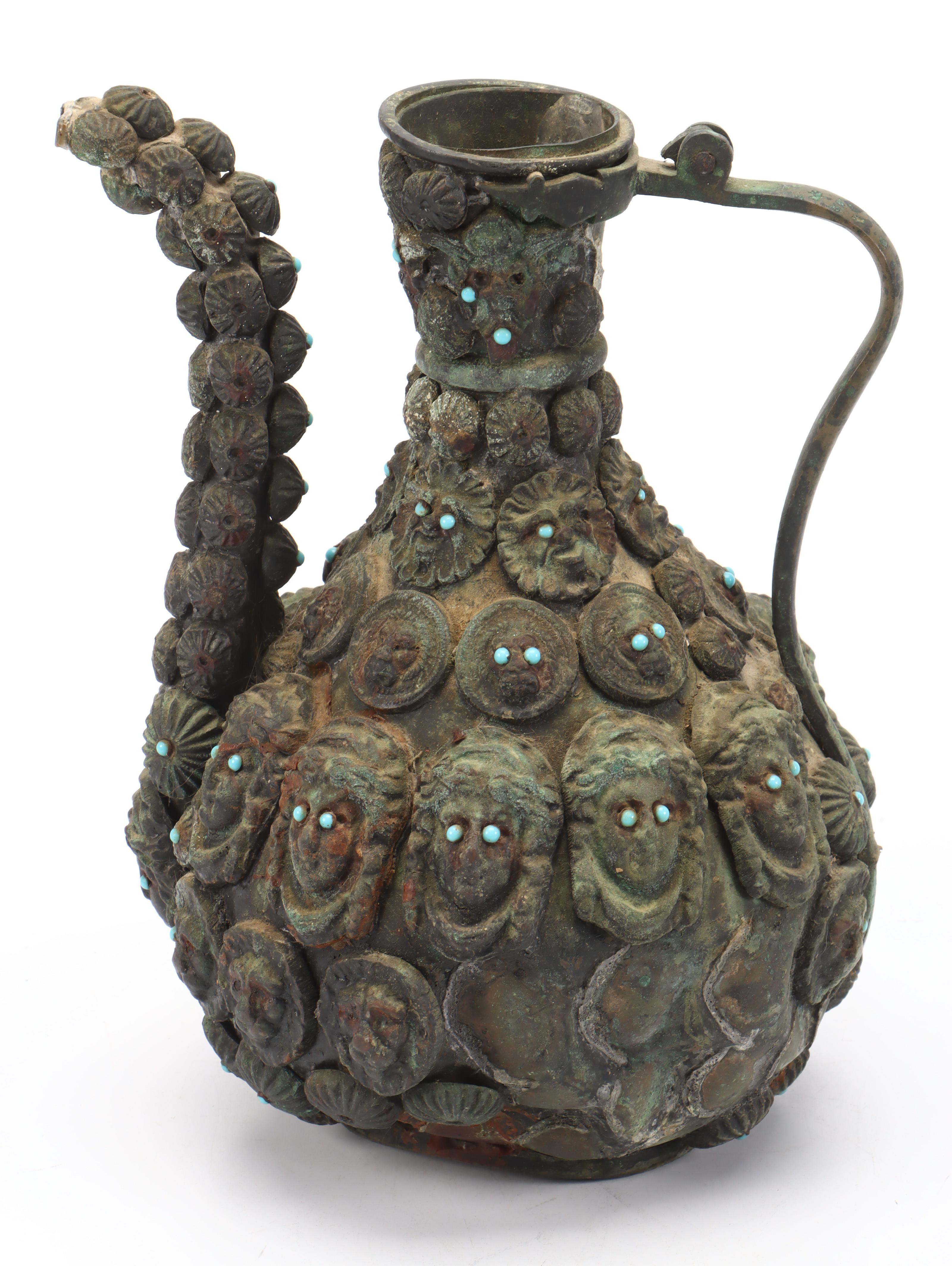 Indo-Persian Verdigris Copper Pitcher & Basin, Applied Portraits & Medallions