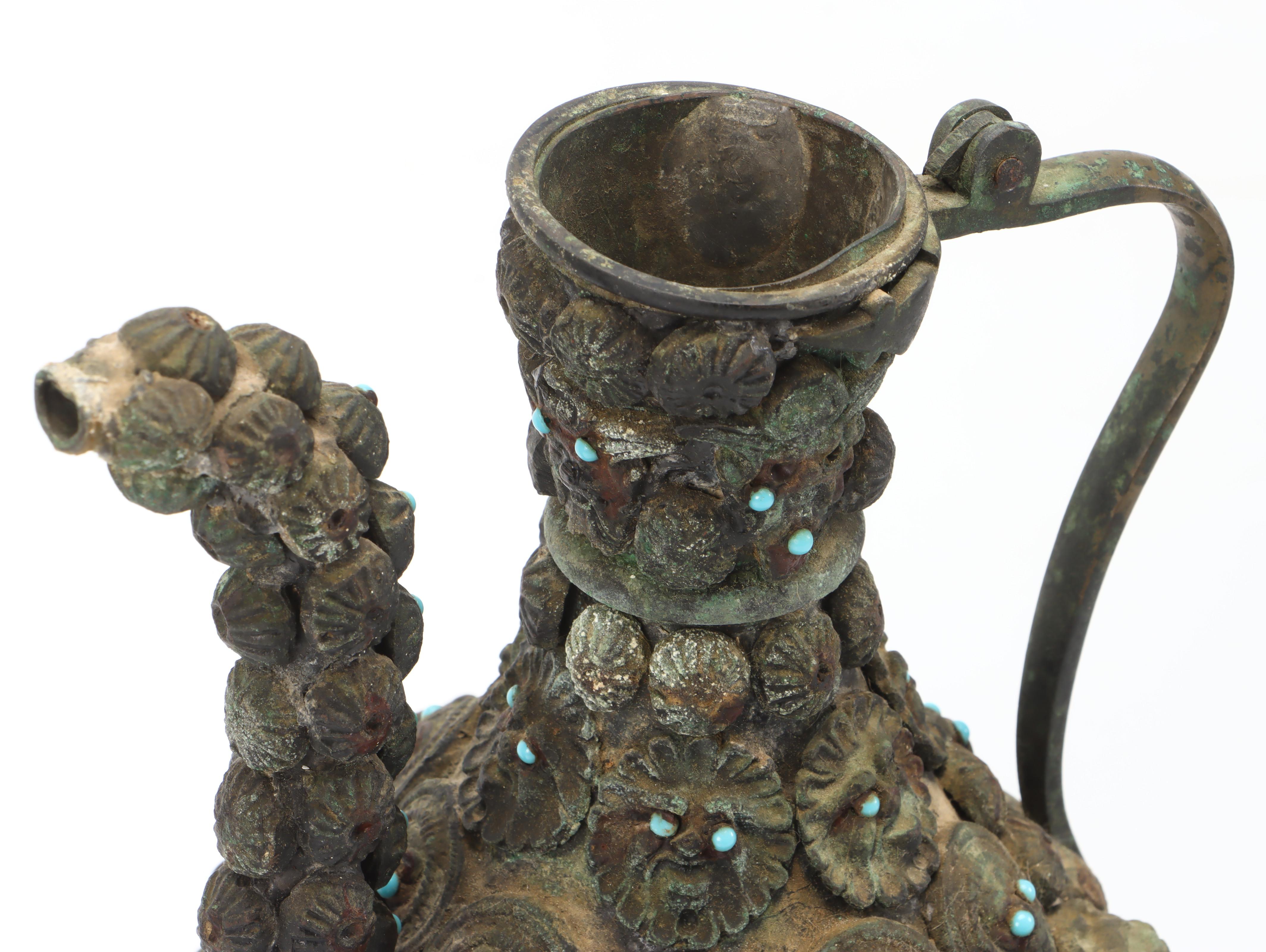 Indo-Persian Verdigris Copper Pitcher & Basin, Applied Portraits & Medallions
