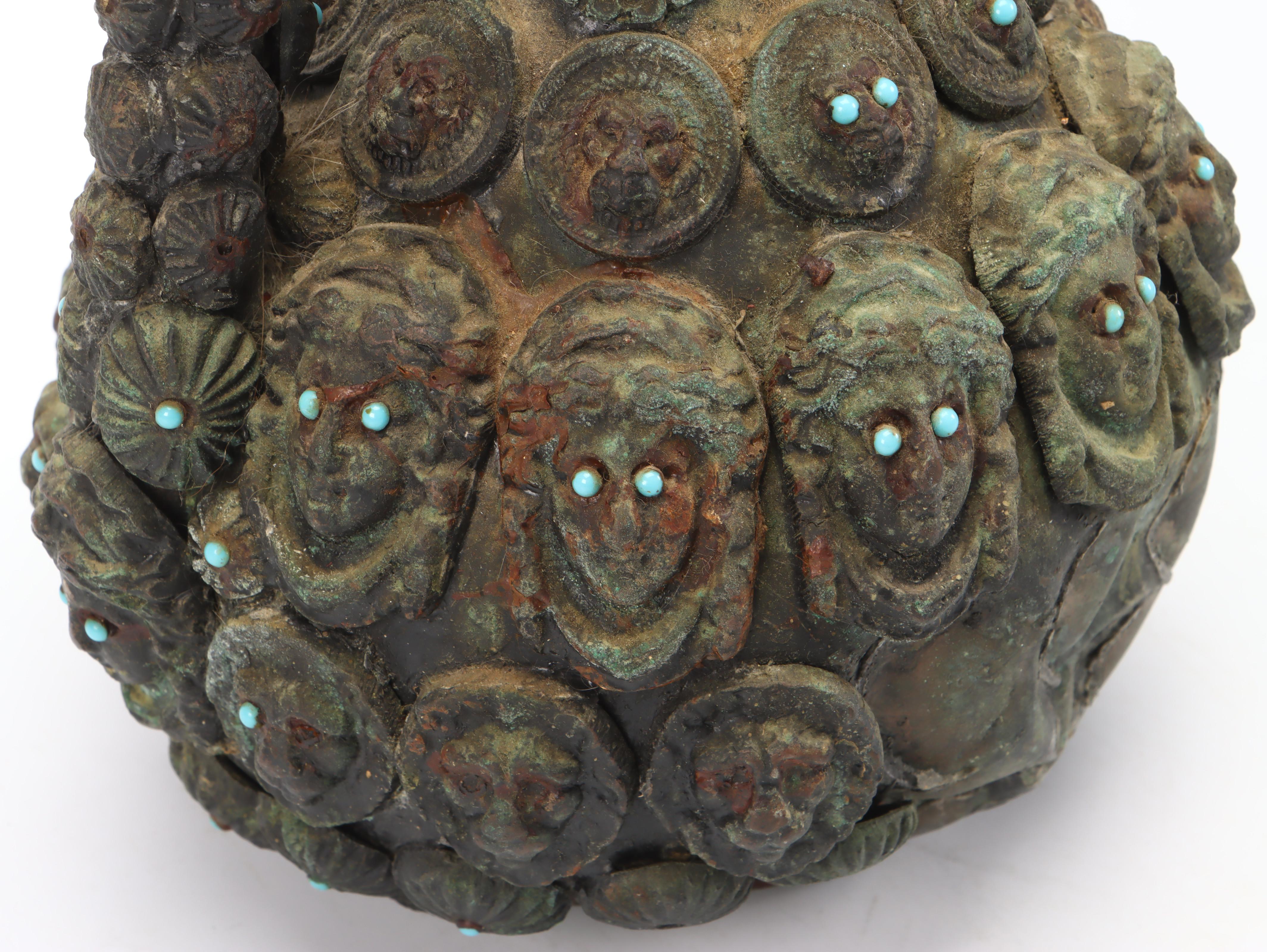 Indo-Persian Verdigris Copper Pitcher & Basin, Applied Portraits & Medallions