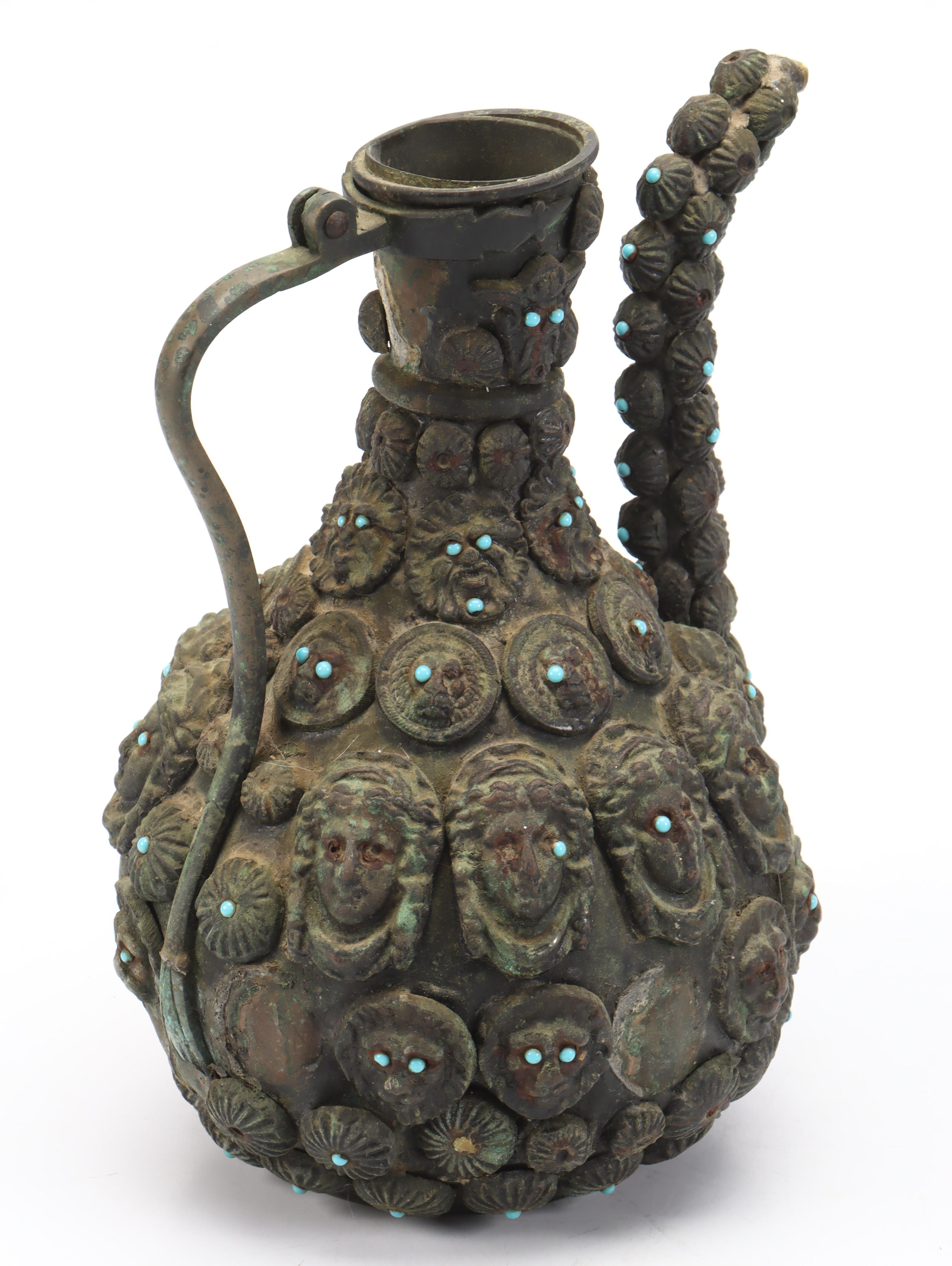 Indo-Persian Verdigris Copper Pitcher & Basin, Applied Portraits & Medallions