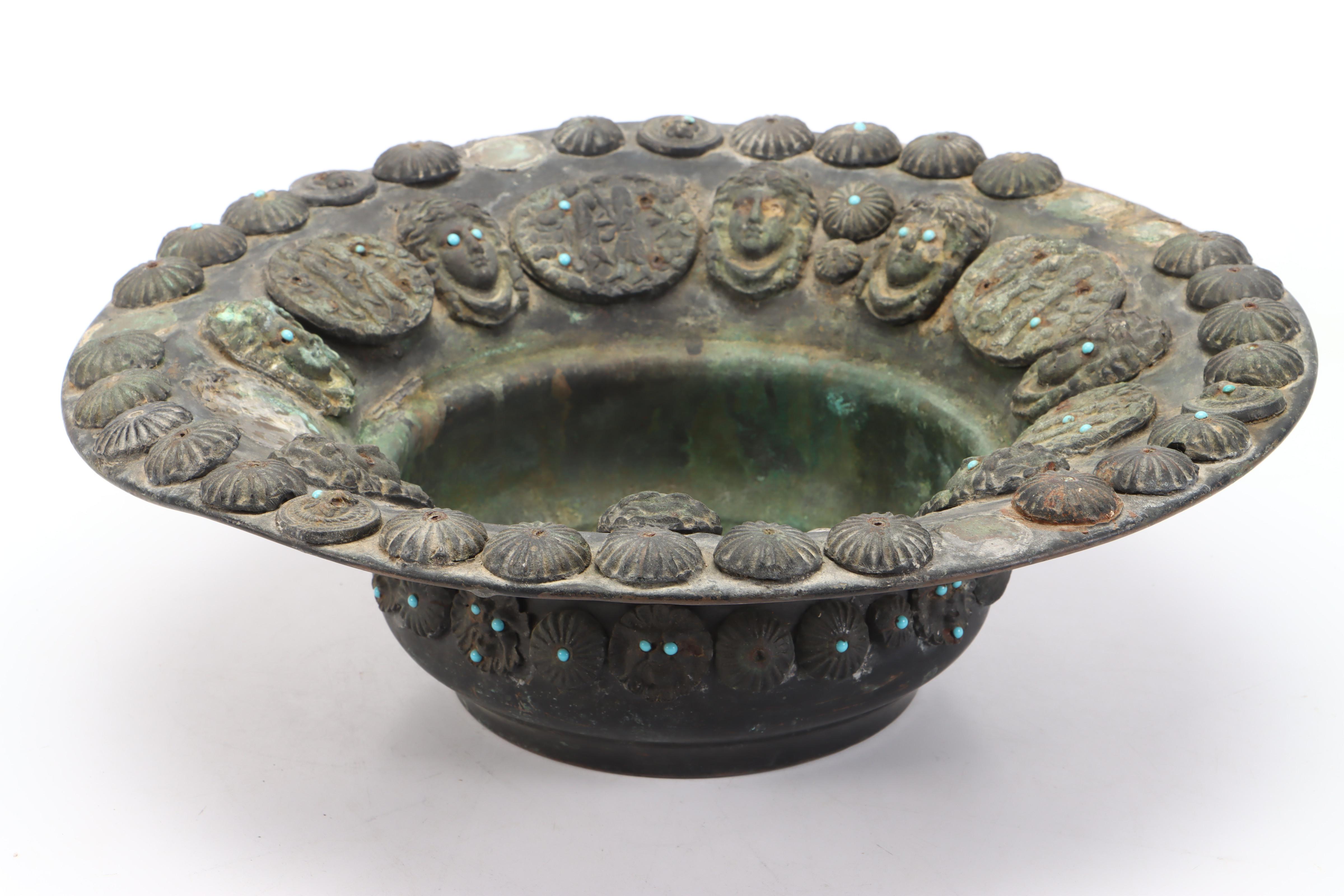 Indo-Persian Verdigris Copper Pitcher & Basin, Applied Portraits & Medallions