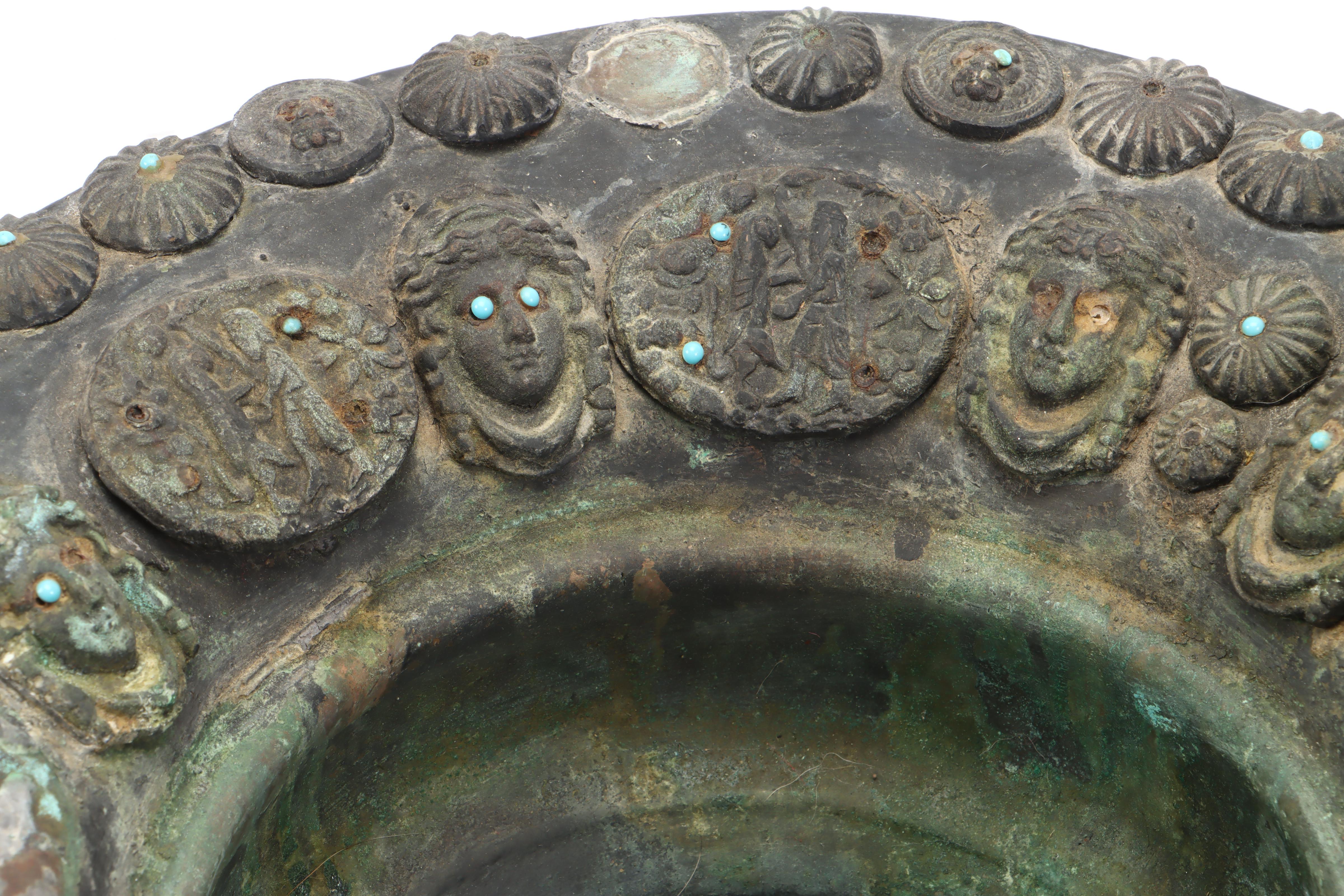 Indo-Persian Verdigris Copper Pitcher & Basin, Applied Portraits & Medallions