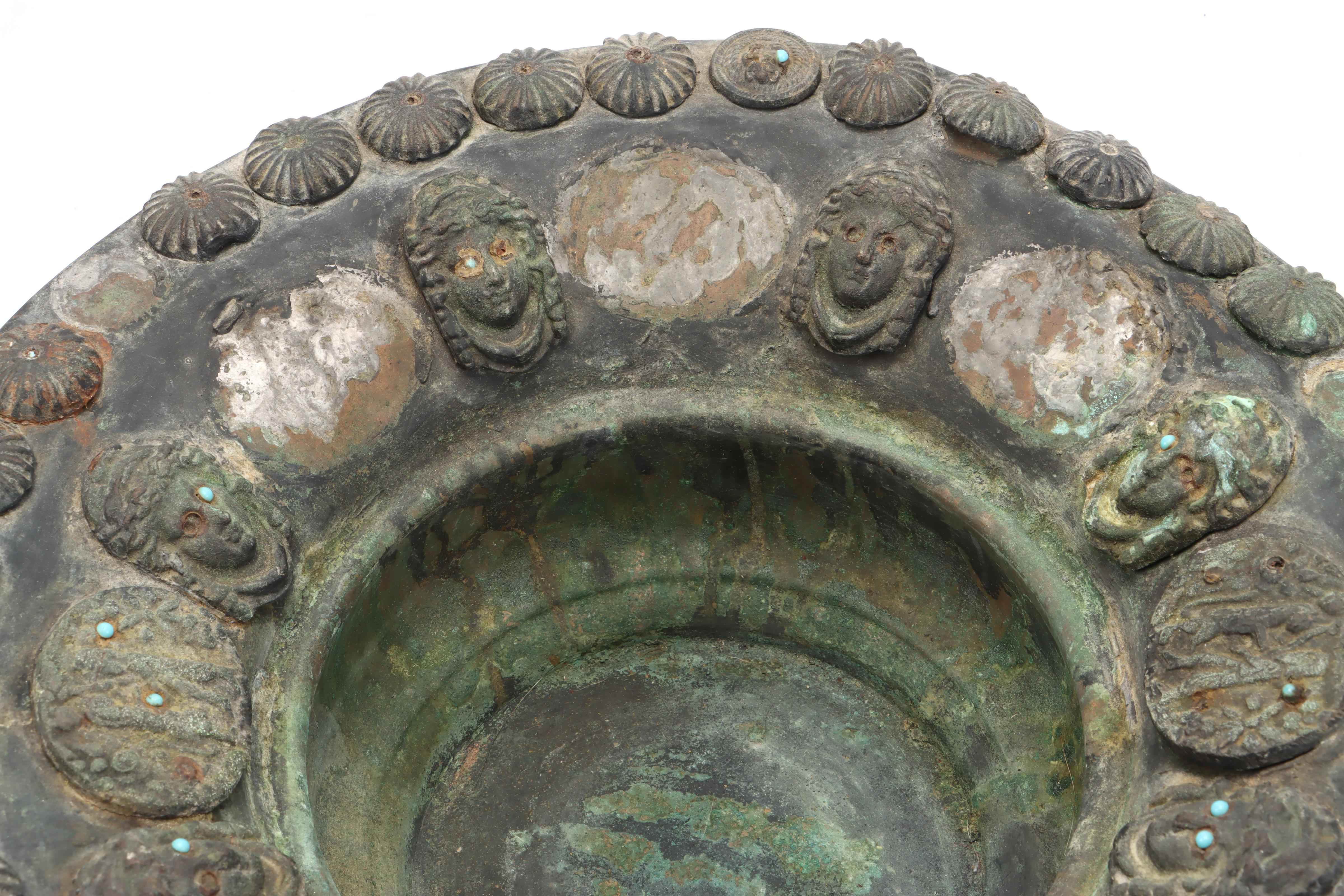 Indo-Persian Verdigris Copper Pitcher & Basin, Applied Portraits & Medallions