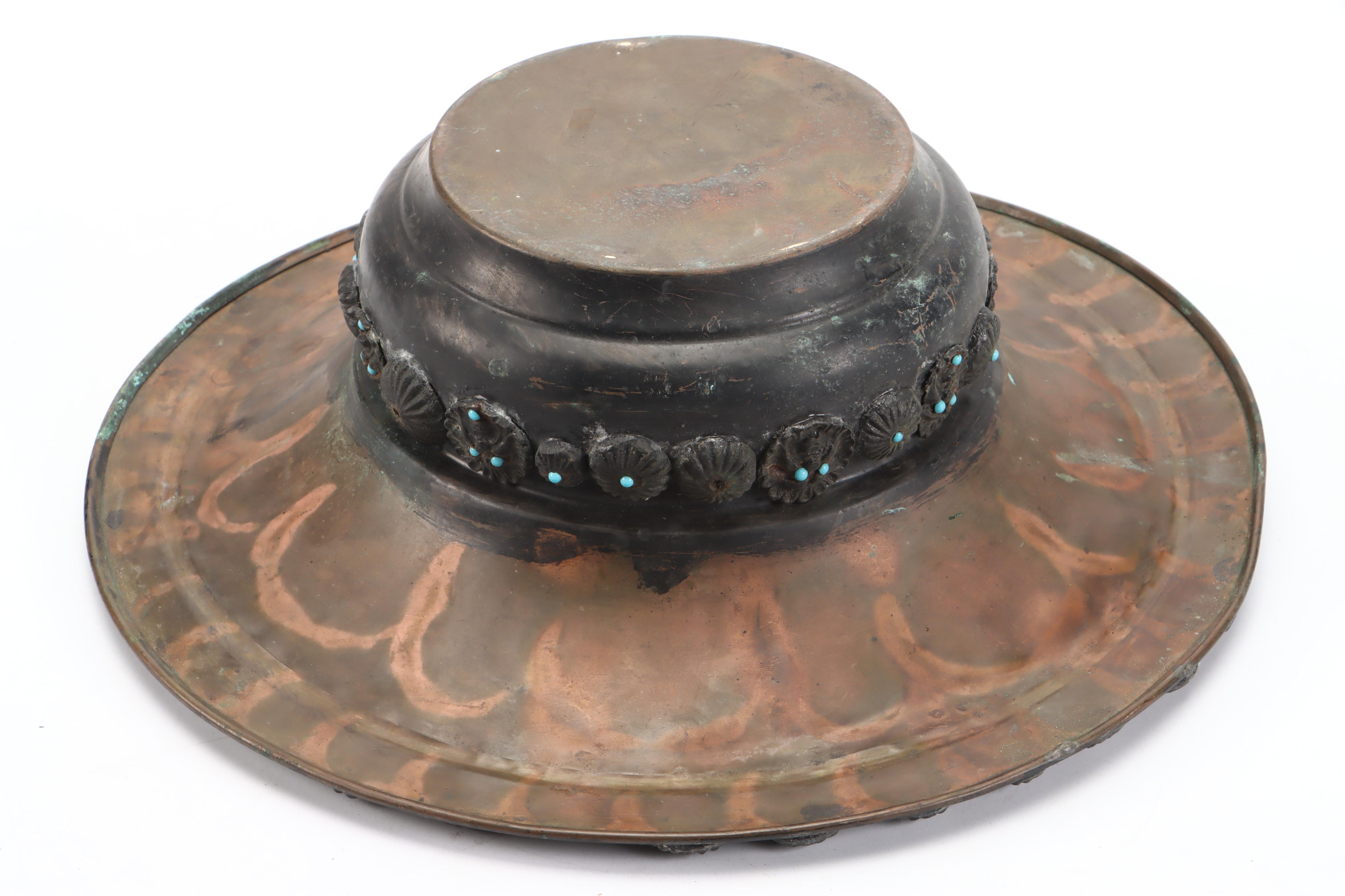 Indo-Persian Verdigris Copper Pitcher & Basin, Applied Portraits & Medallions