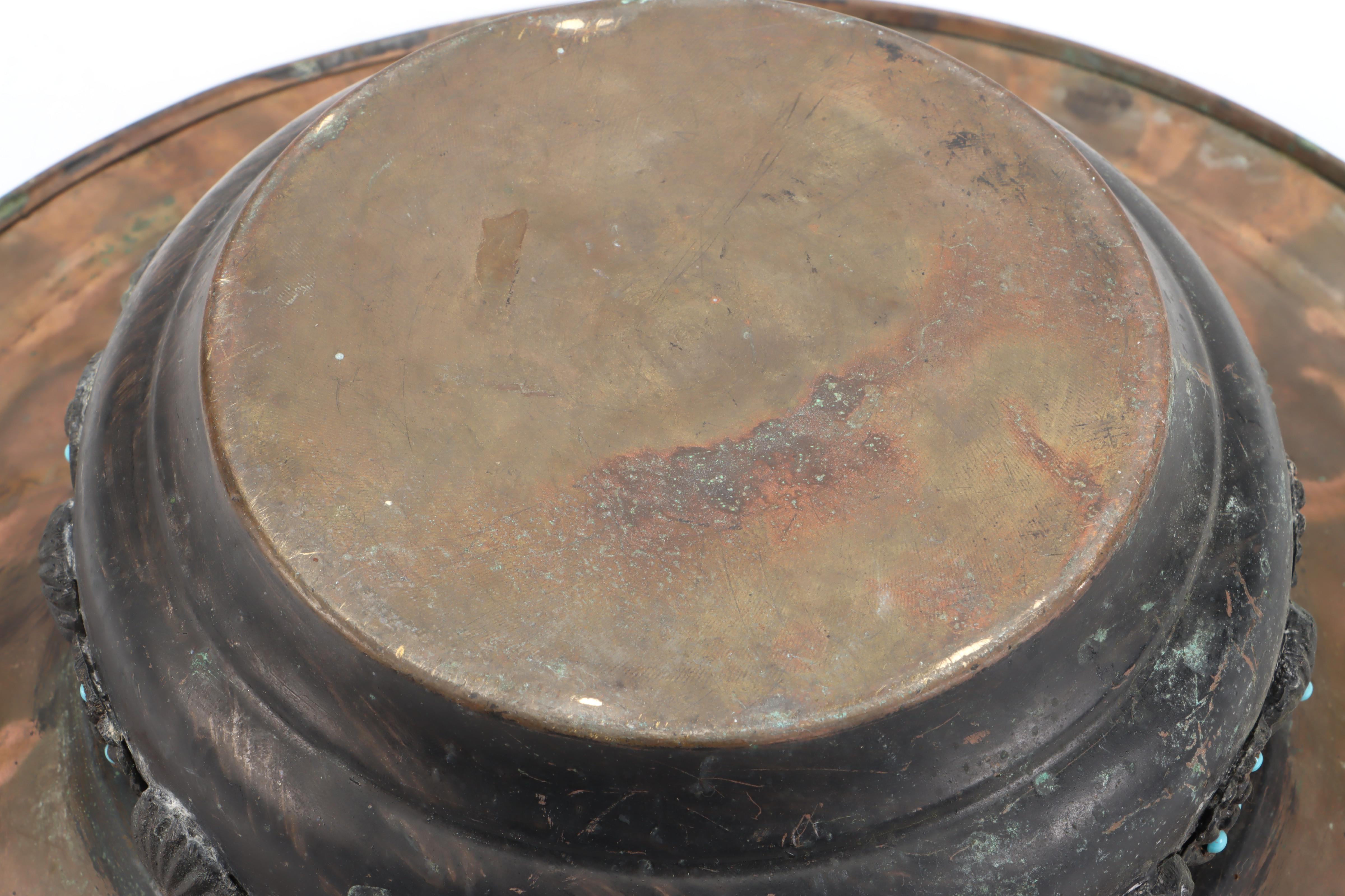 Indo-Persian Verdigris Copper Pitcher & Basin, Applied Portraits & Medallions