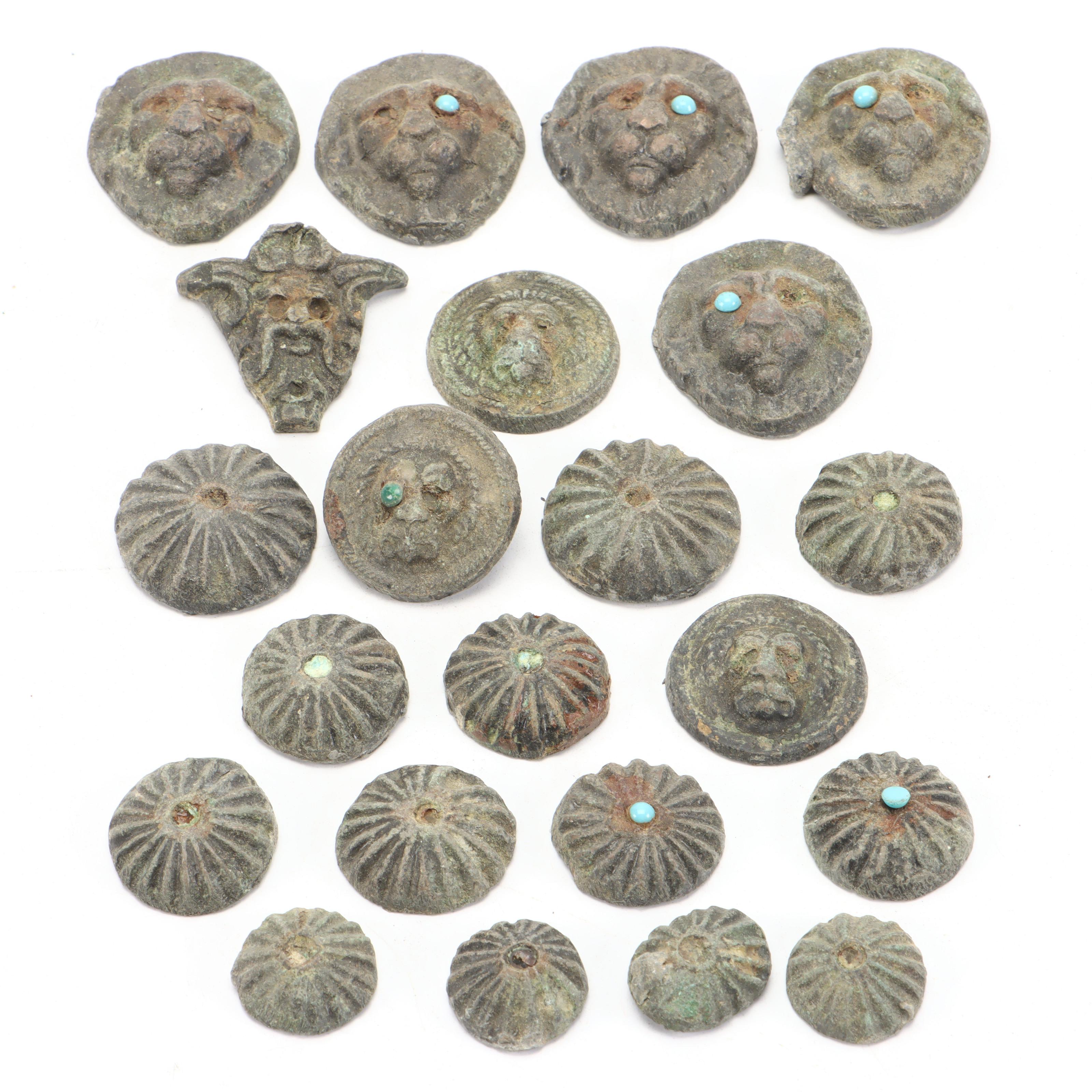 Indo-Persian Verdigris Copper Pitcher & Basin, Applied Portraits & Medallions