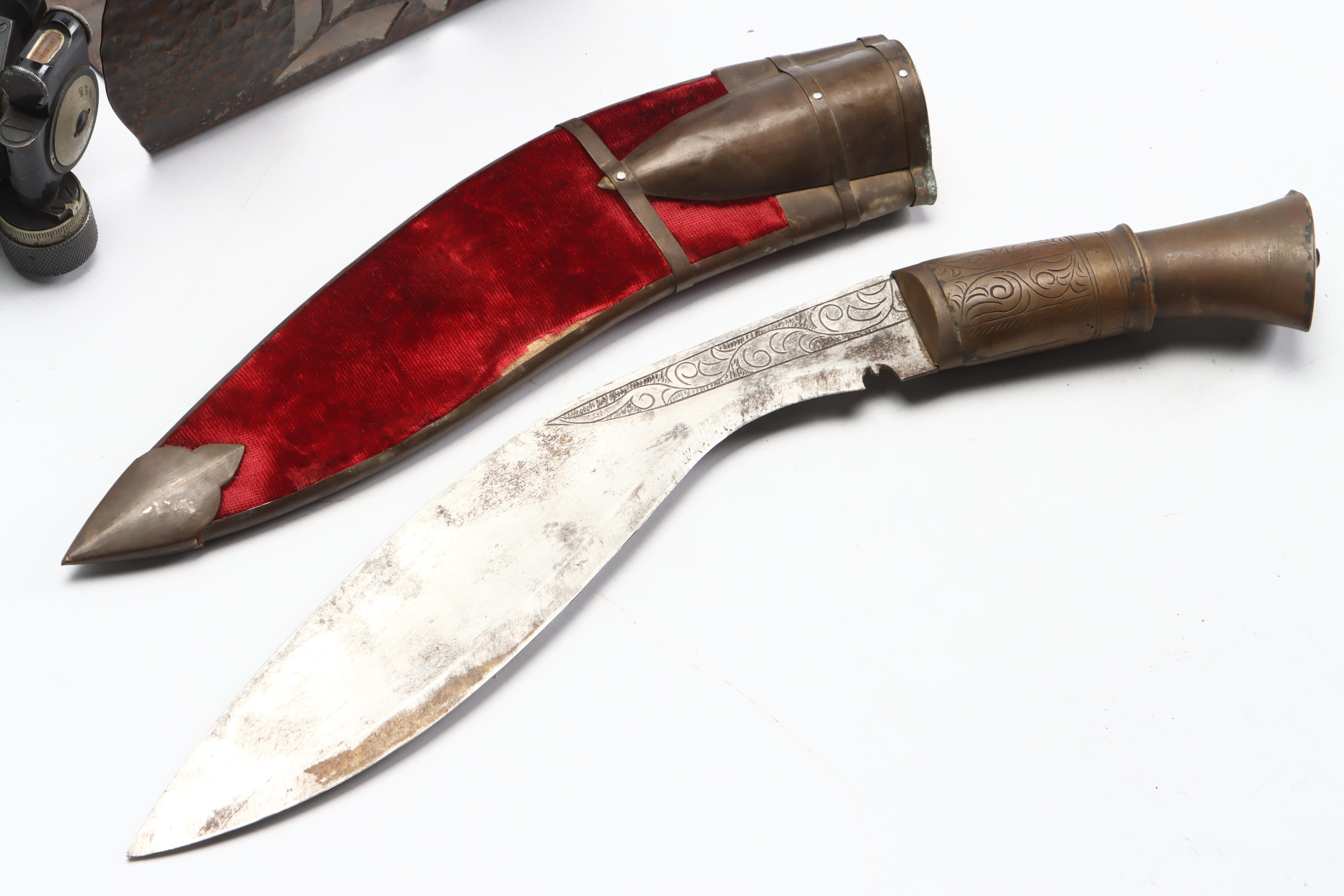 Brass-Handle Khukuri with Japanese Gun Scope and Other Décor