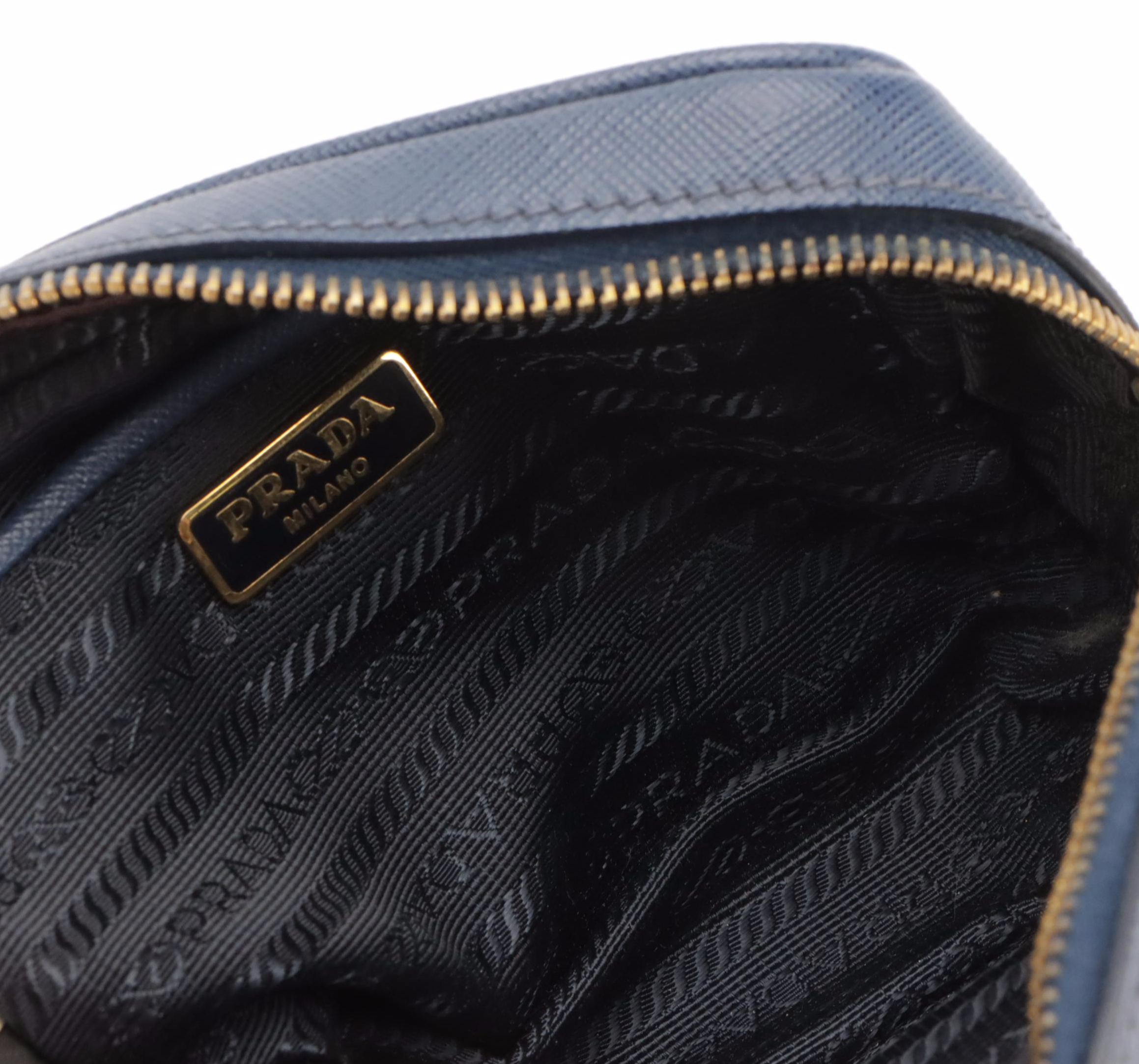 Prada Blue Saffiano Leather Zip Mini Camera Clutch