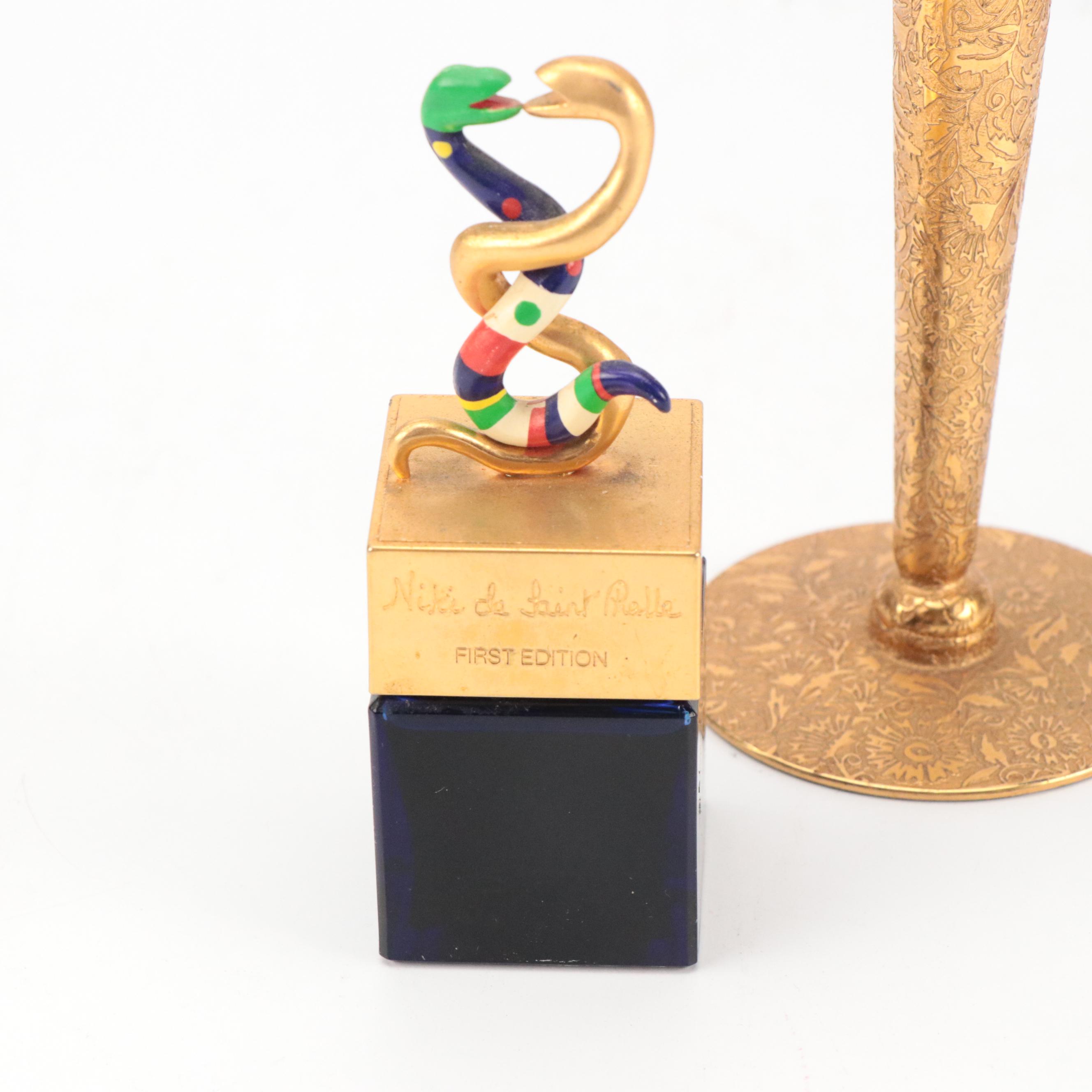 Ransgil Gold Overlay and Glass Bud Vase with Perfume Bottles