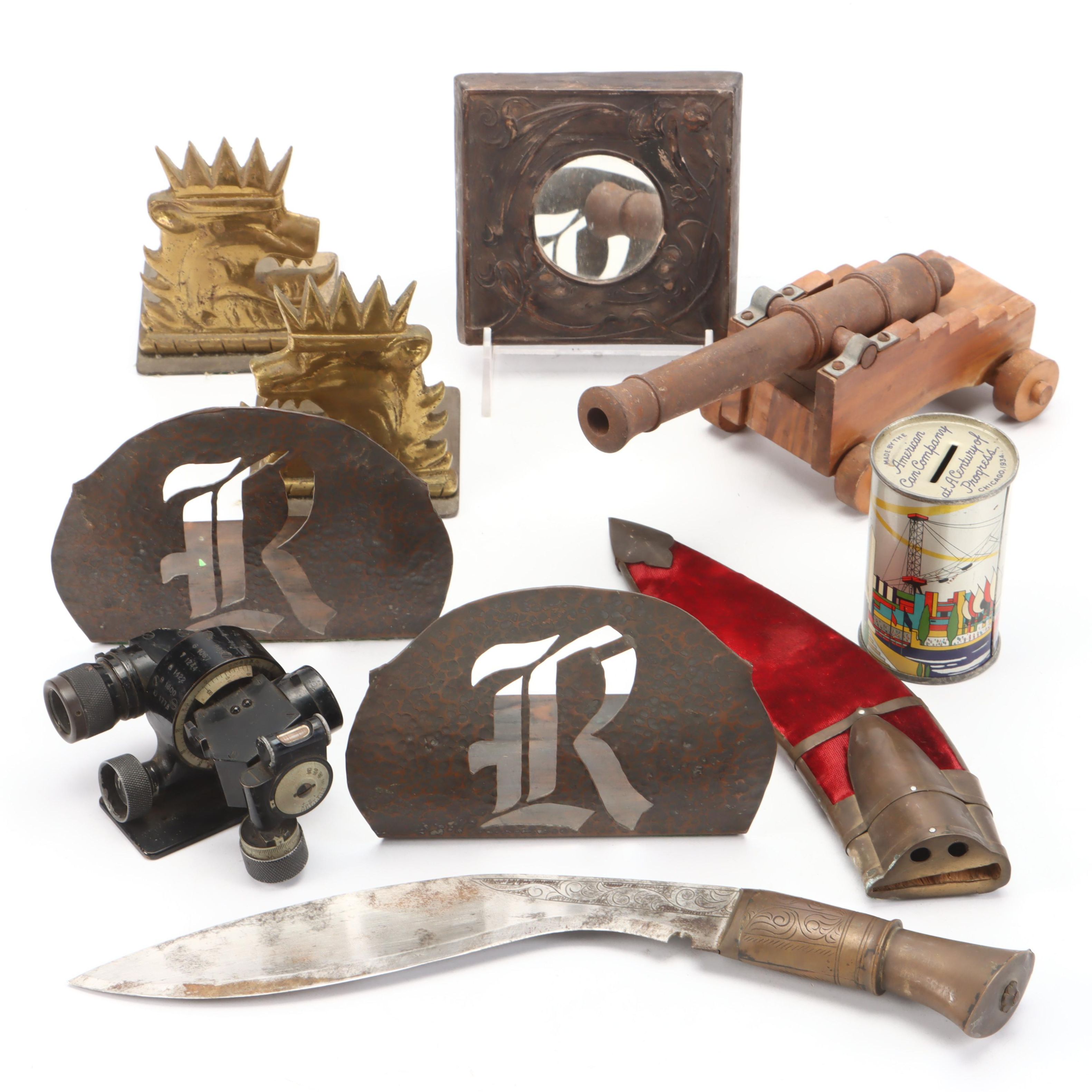 Brass-Handle Khukuri with Japanese Gun Scope and Other Décor
