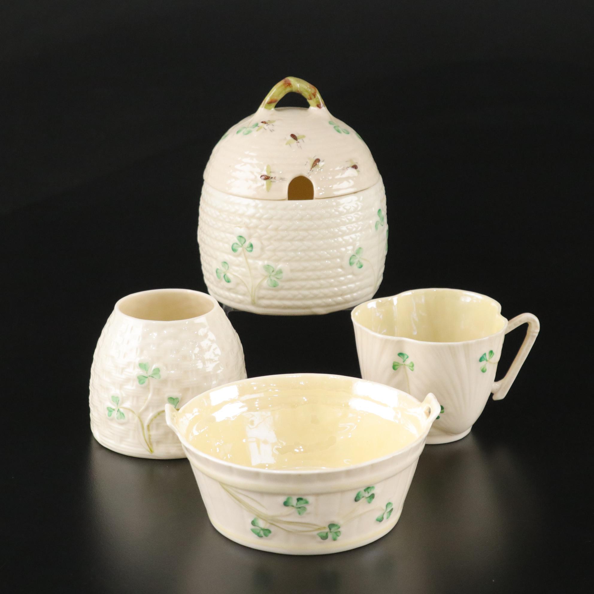 Belleek Pottery Shamrock Honey Pot, Teacup, Butter Dish and More, 1965-1980