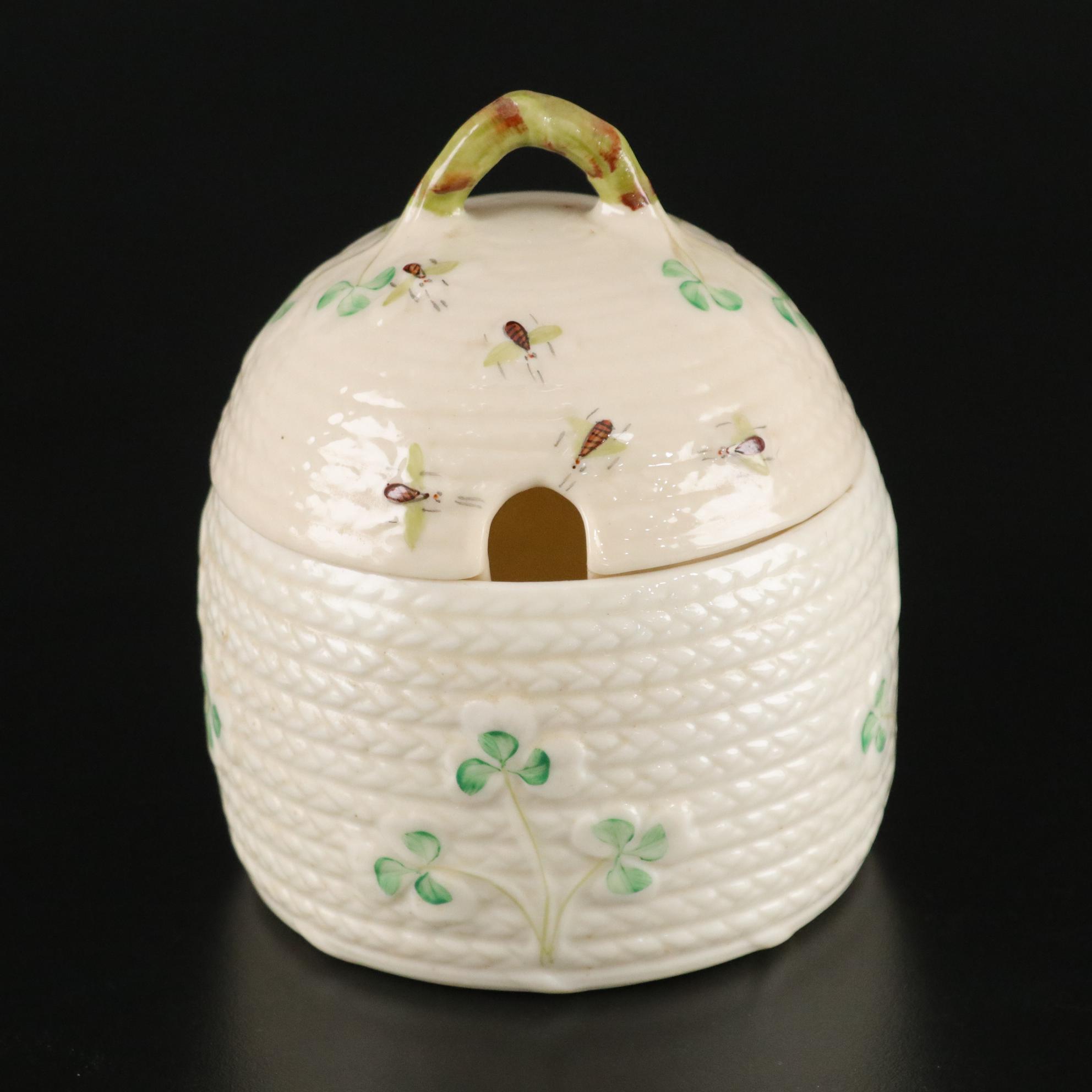 Belleek Pottery Shamrock Honey Pot, Teacup, Butter Dish and More, 1965-1980