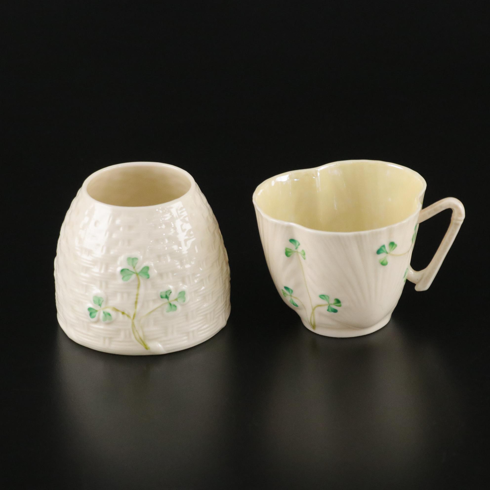 Belleek Pottery Shamrock Honey Pot, Teacup, Butter Dish and More, 1965-1980