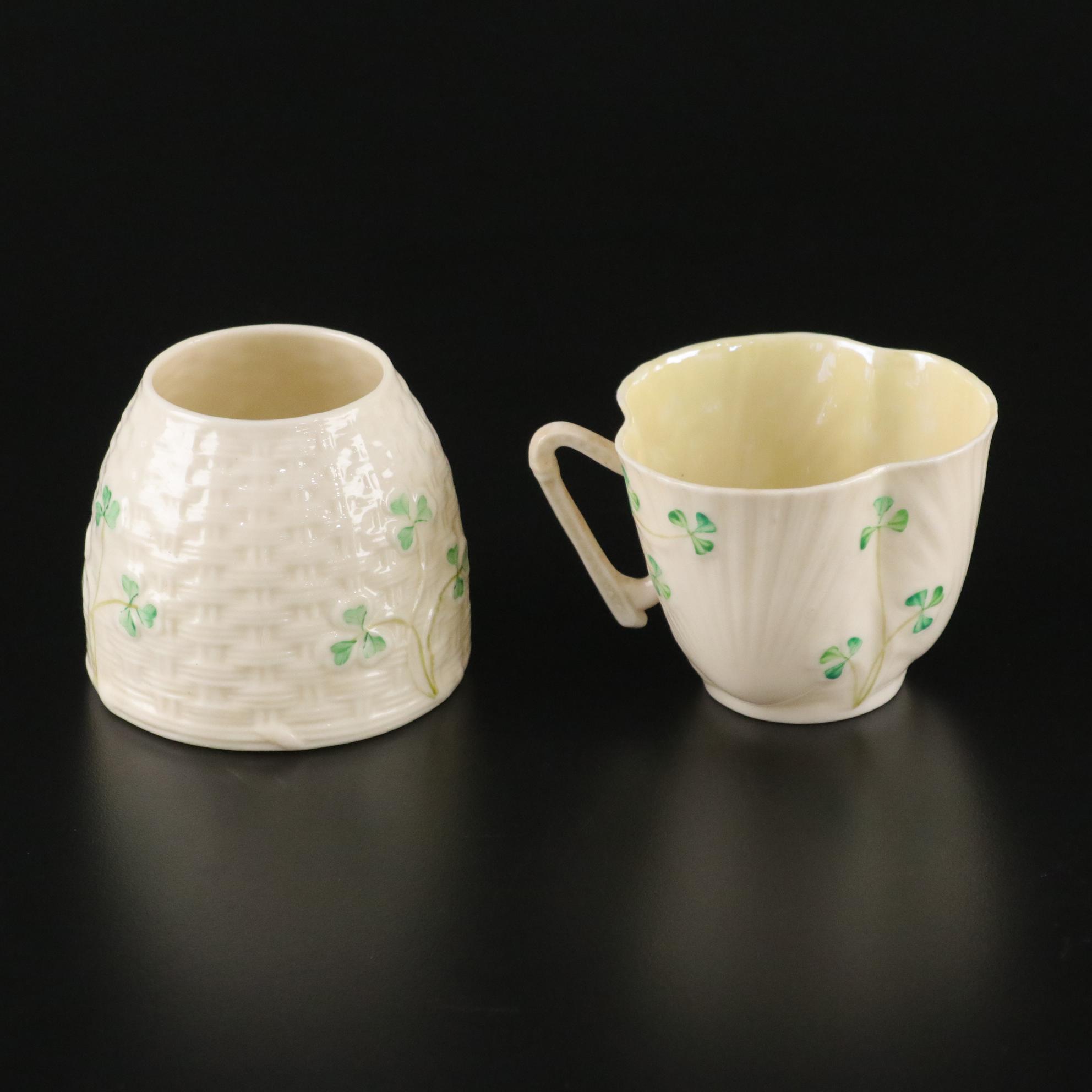Belleek Pottery Shamrock Honey Pot, Teacup, Butter Dish and More, 1965-1980