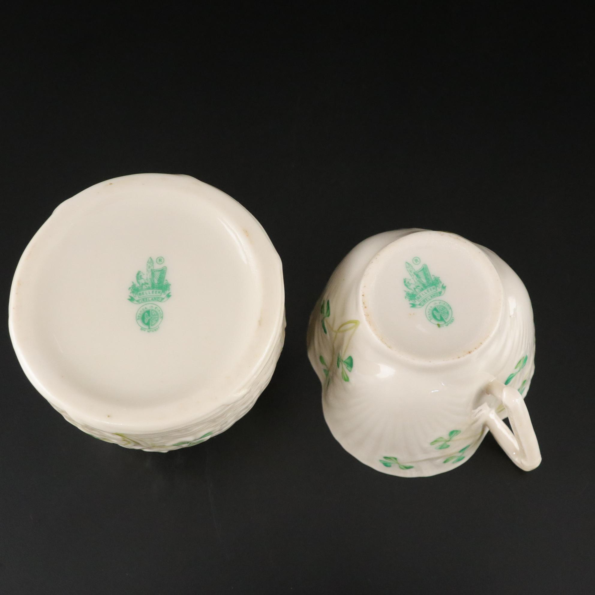 Belleek Pottery Shamrock Honey Pot, Teacup, Butter Dish and More, 1965-1980