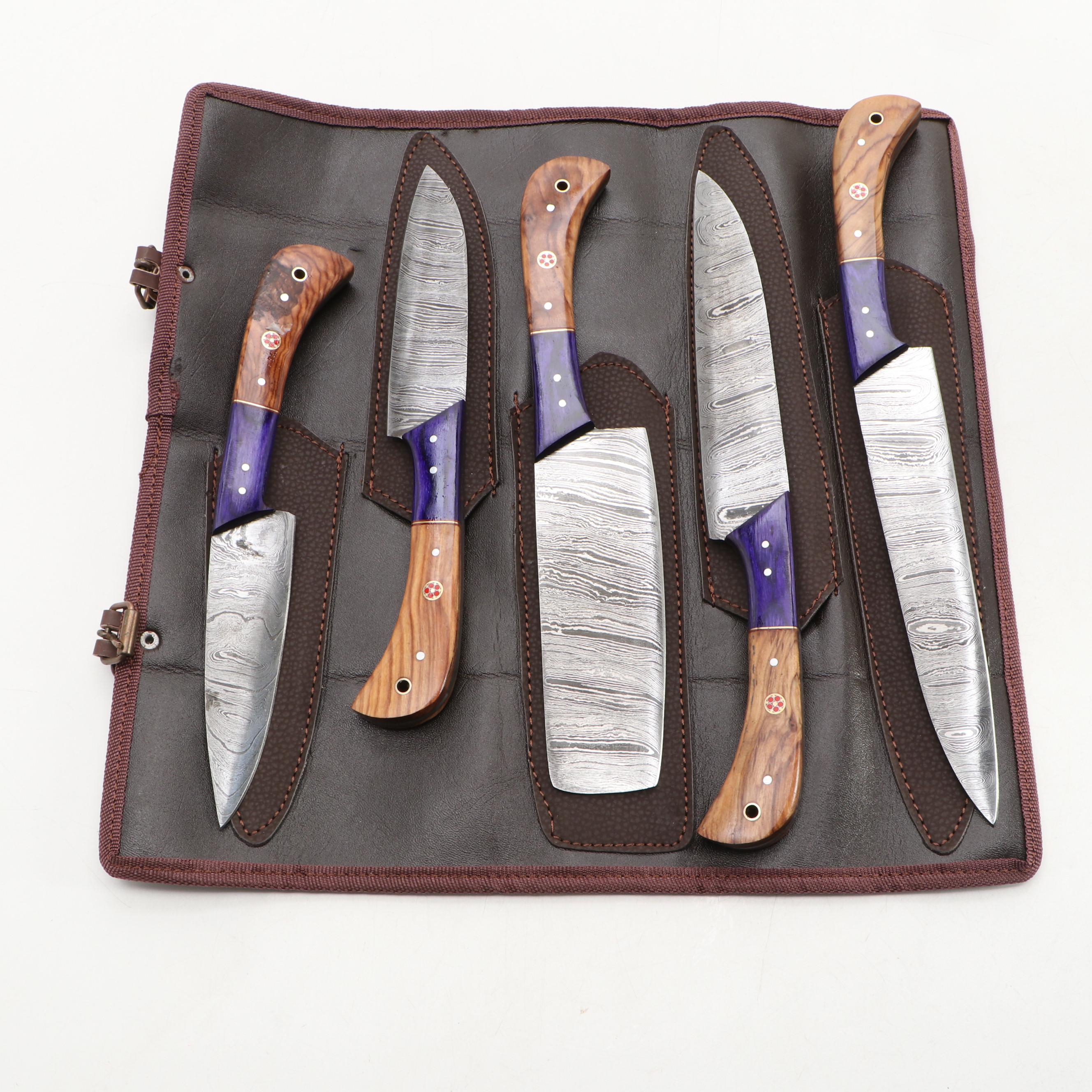 Louis Martin Damascus Steel and Wooden Handled Chef's Knife Set in Leather Roll