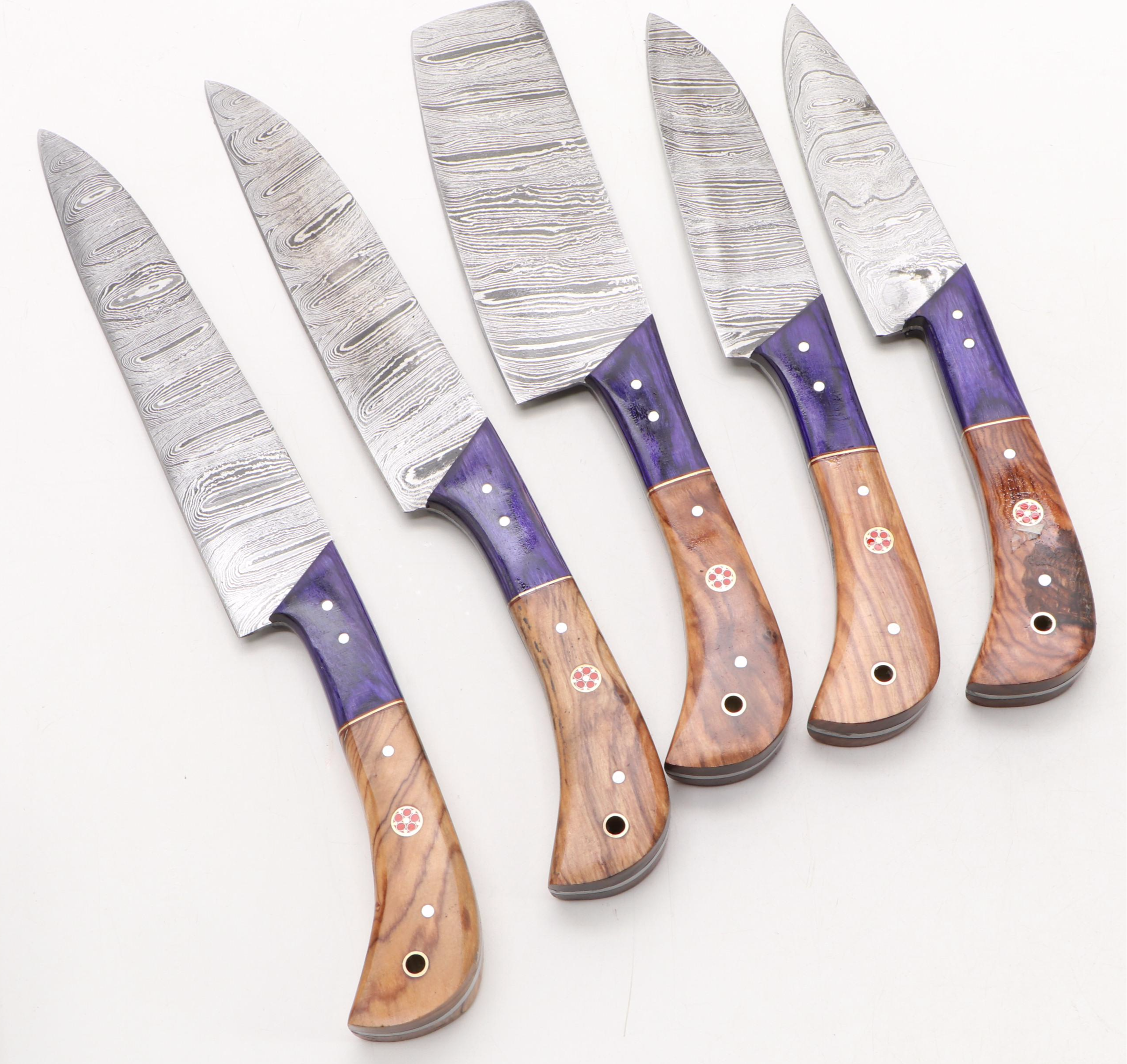 Louis Martin Damascus Steel and Wooden Handled Chef's Knife Set in Leather Roll
