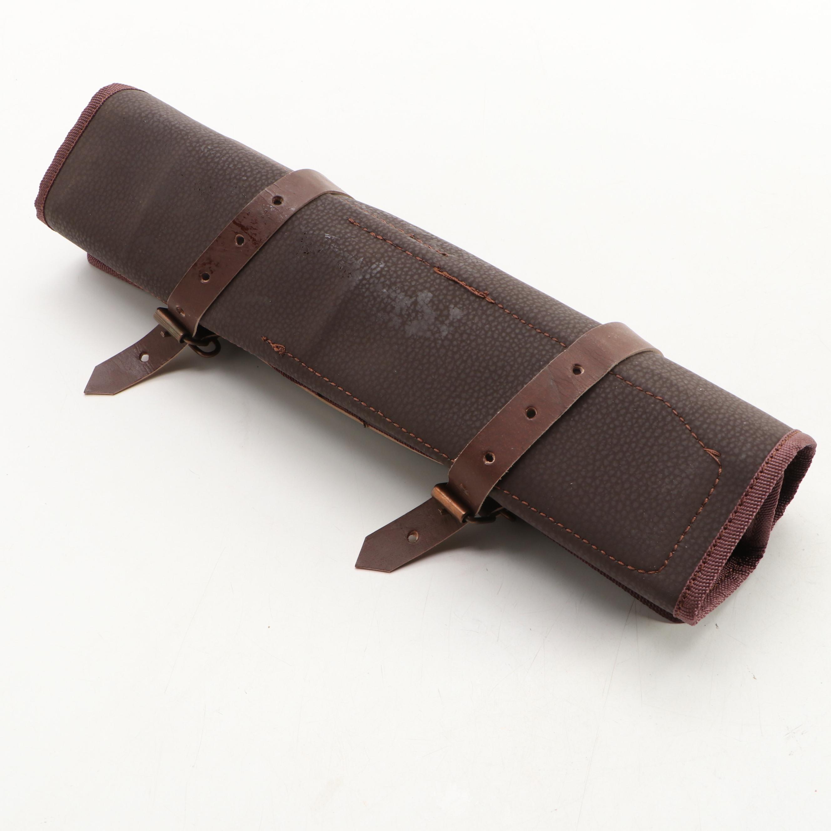 Louis Martin Damascus Steel and Wooden Handled Chef's Knife Set in Leather Roll