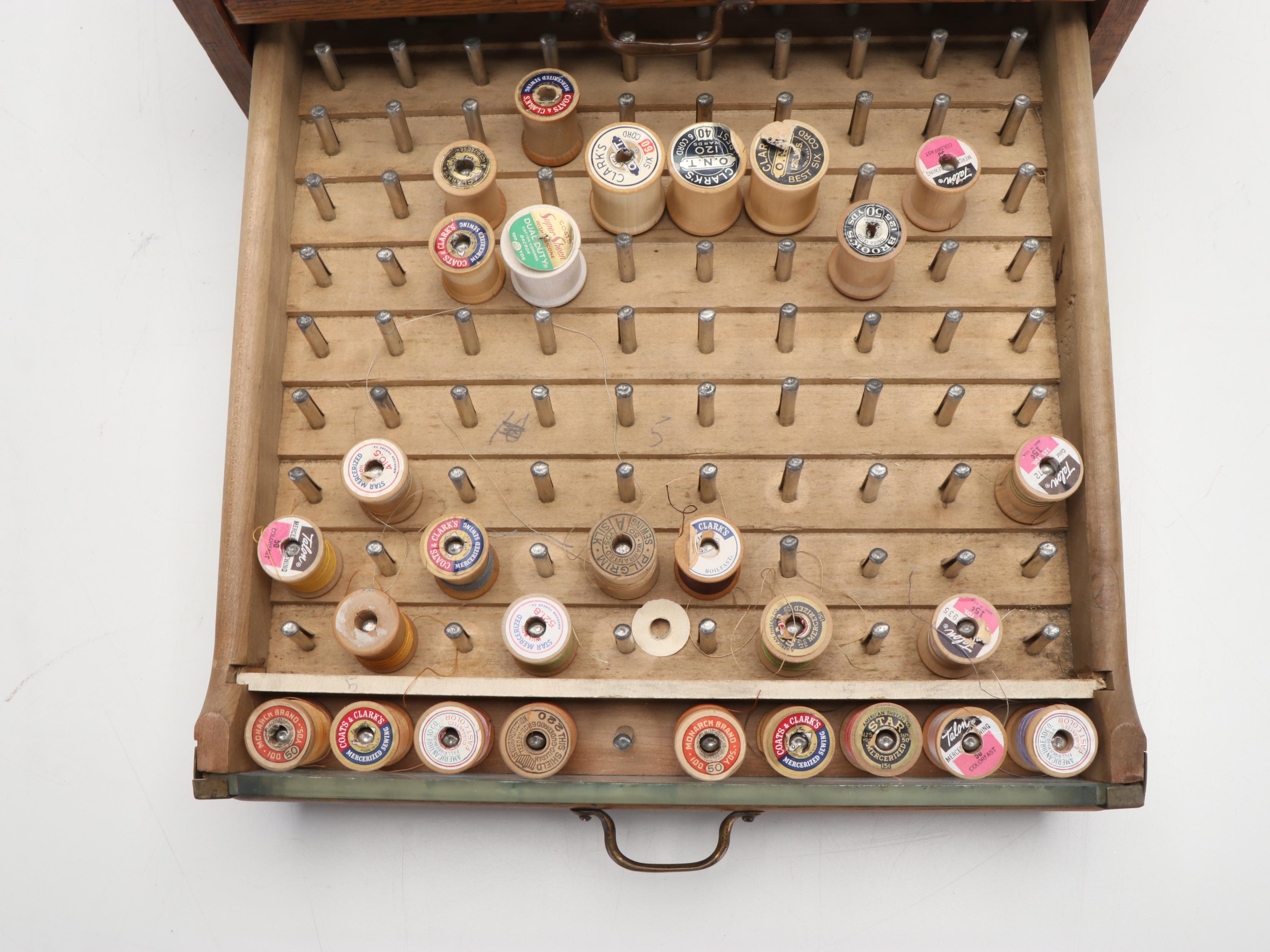 Belding Brothers Oak Spool Cabinet with Silk and Cotton Threads